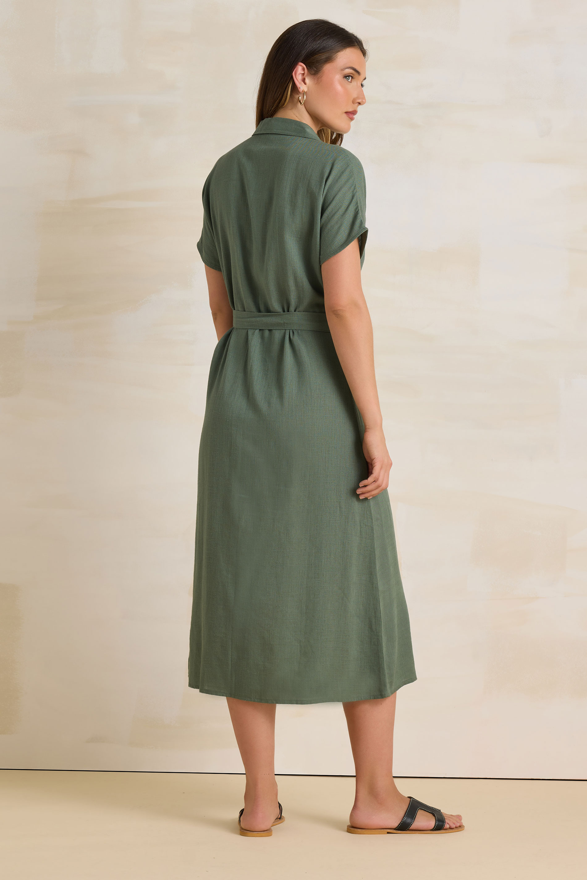 LTS Tall Khaki Green Linen Button Midi Dress | Long Tall Sally 4