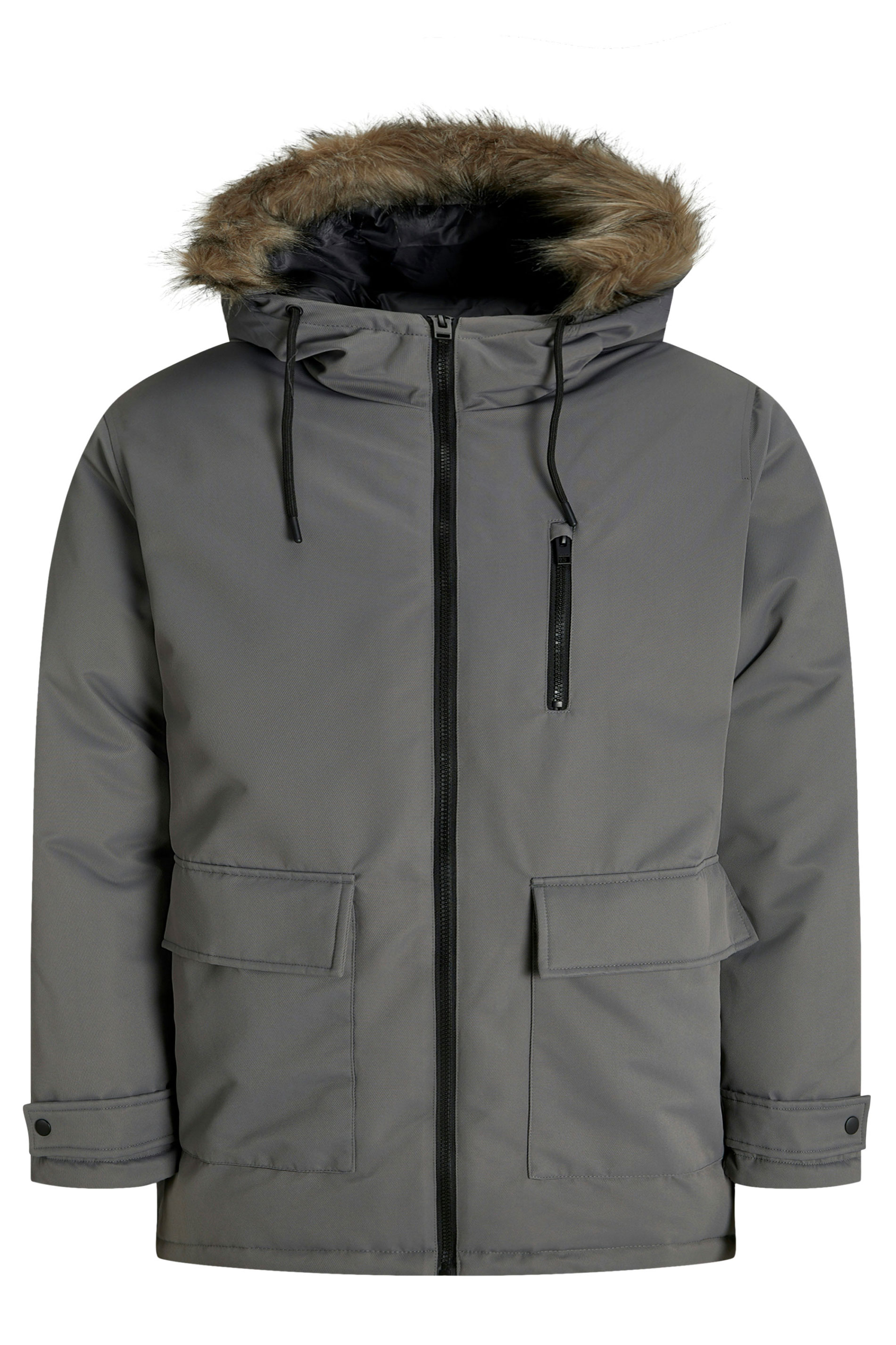 JACK & JONES Big & Tall Grey Faux Fur Detachable Hooded Parka Jacket | BadRhino 3