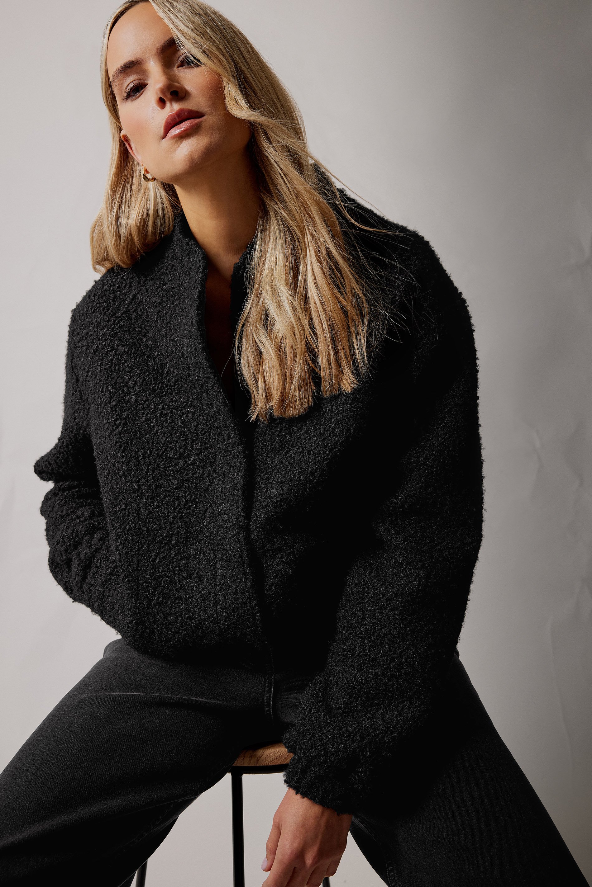 LTS Tall Black Boucle Tweed Bomber Jacket | Long Tall Sally 5