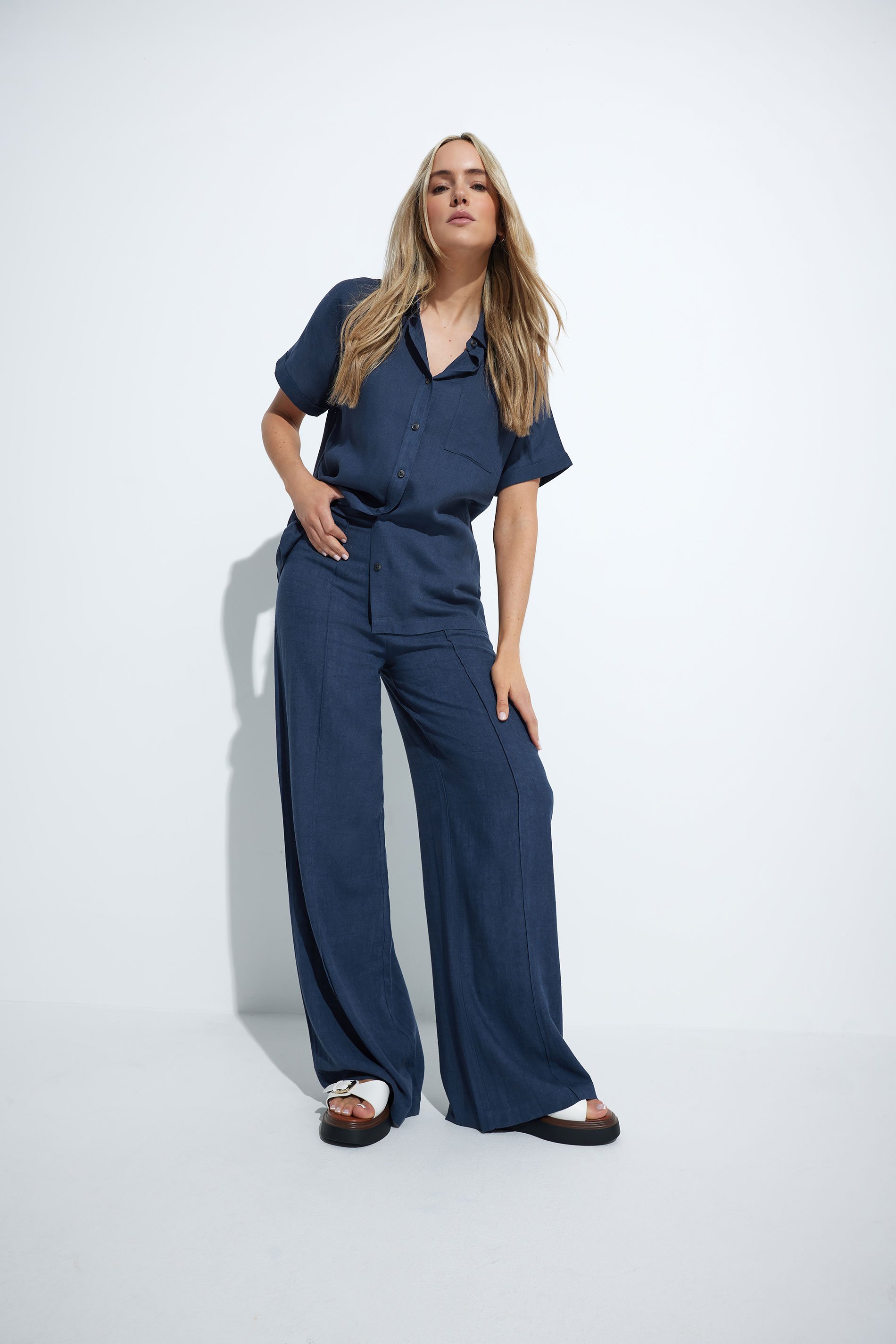 LTS Tall Navy Blue Linen Pleated Wide Leg Trousers | Long Tall Sally 1