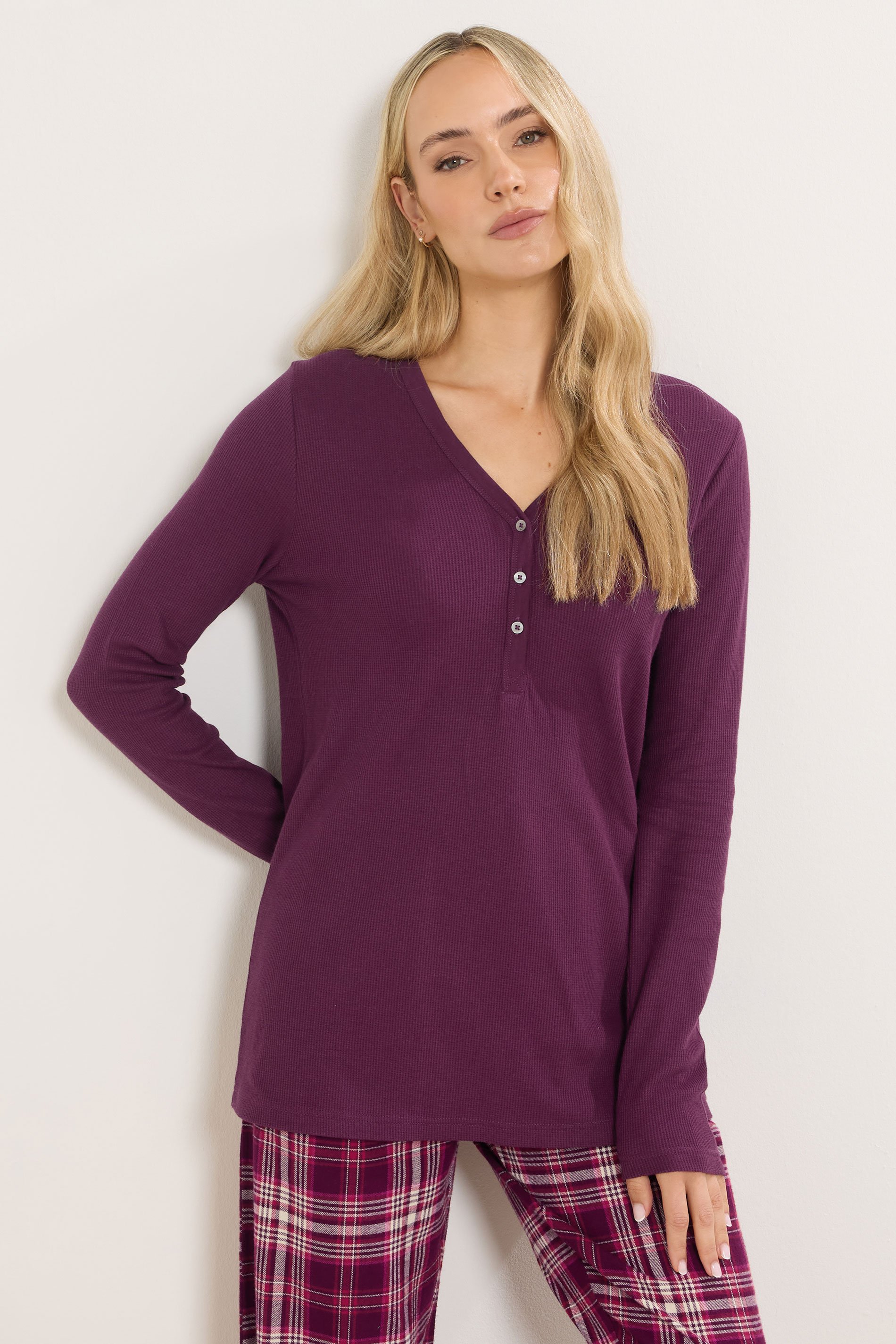 LTS Tall Burgundy Red Cotton Waffle Pyjama Top | Long Tall Sally 2