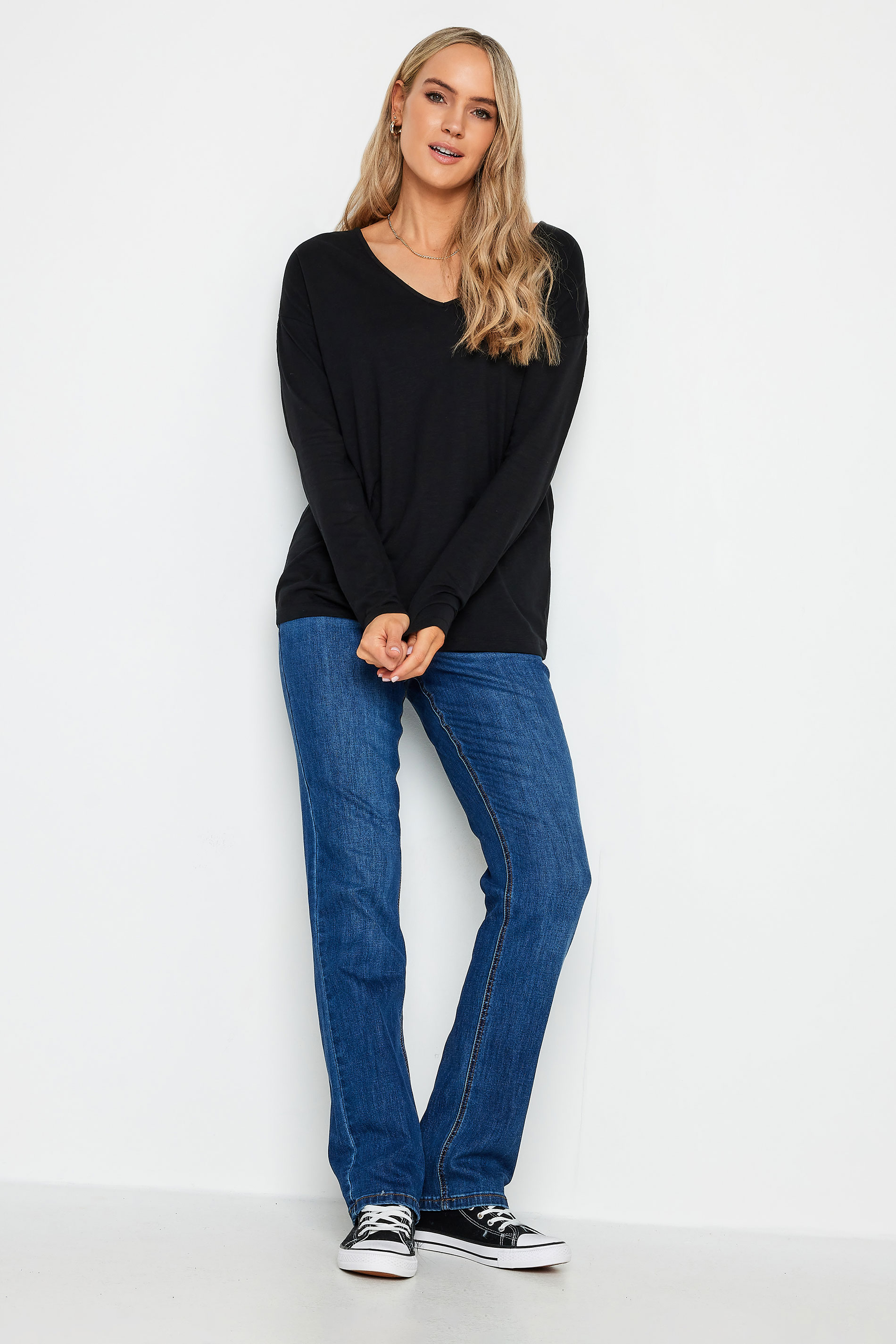 LTS Tall Light Grey & Black V-Neck Long Sleeve Cotton T-Shirt | Long Tall Sally 3