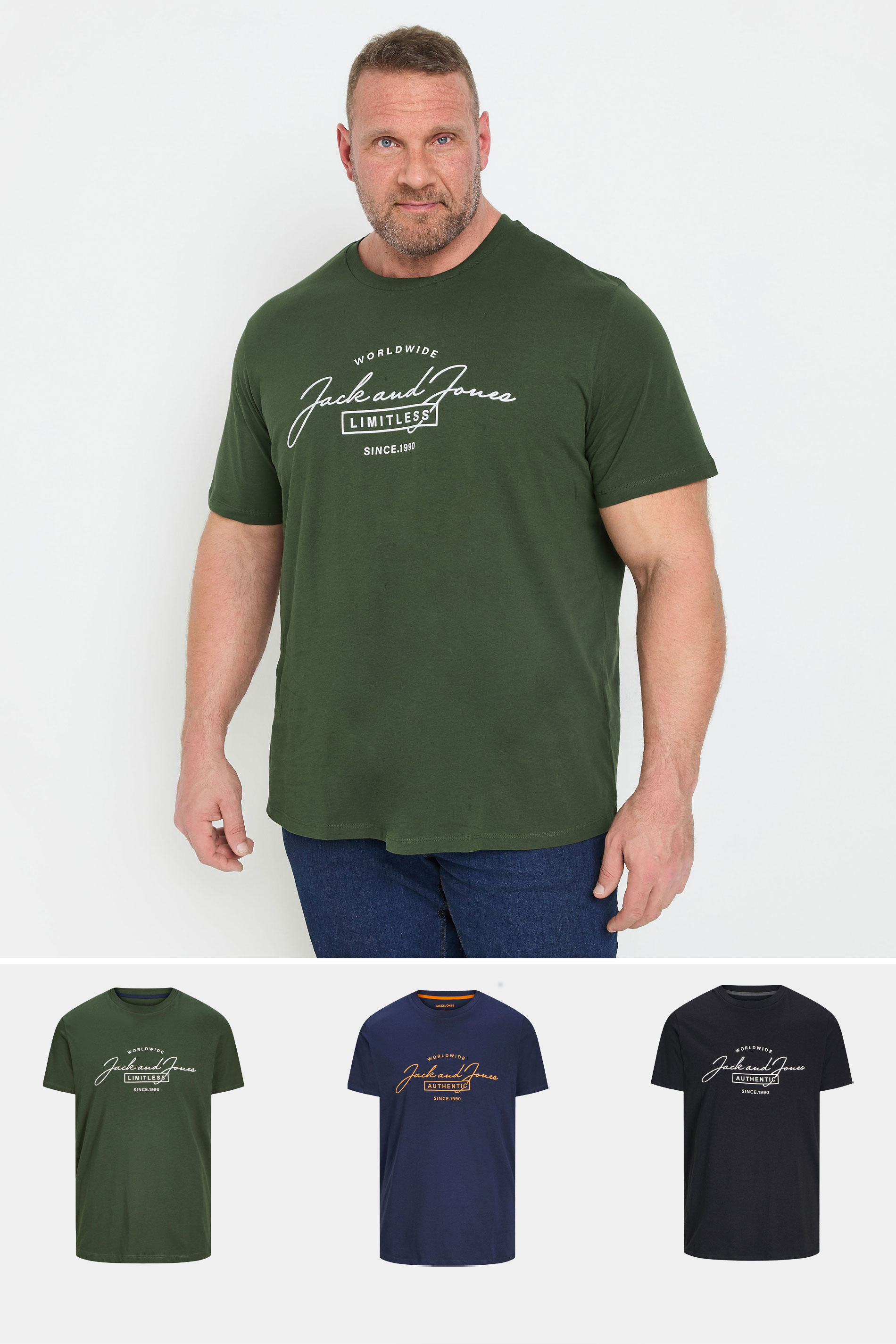 JACK & JONES 3 PACK Black & Navy Blue Logo T-Shirts | BadRhino 1