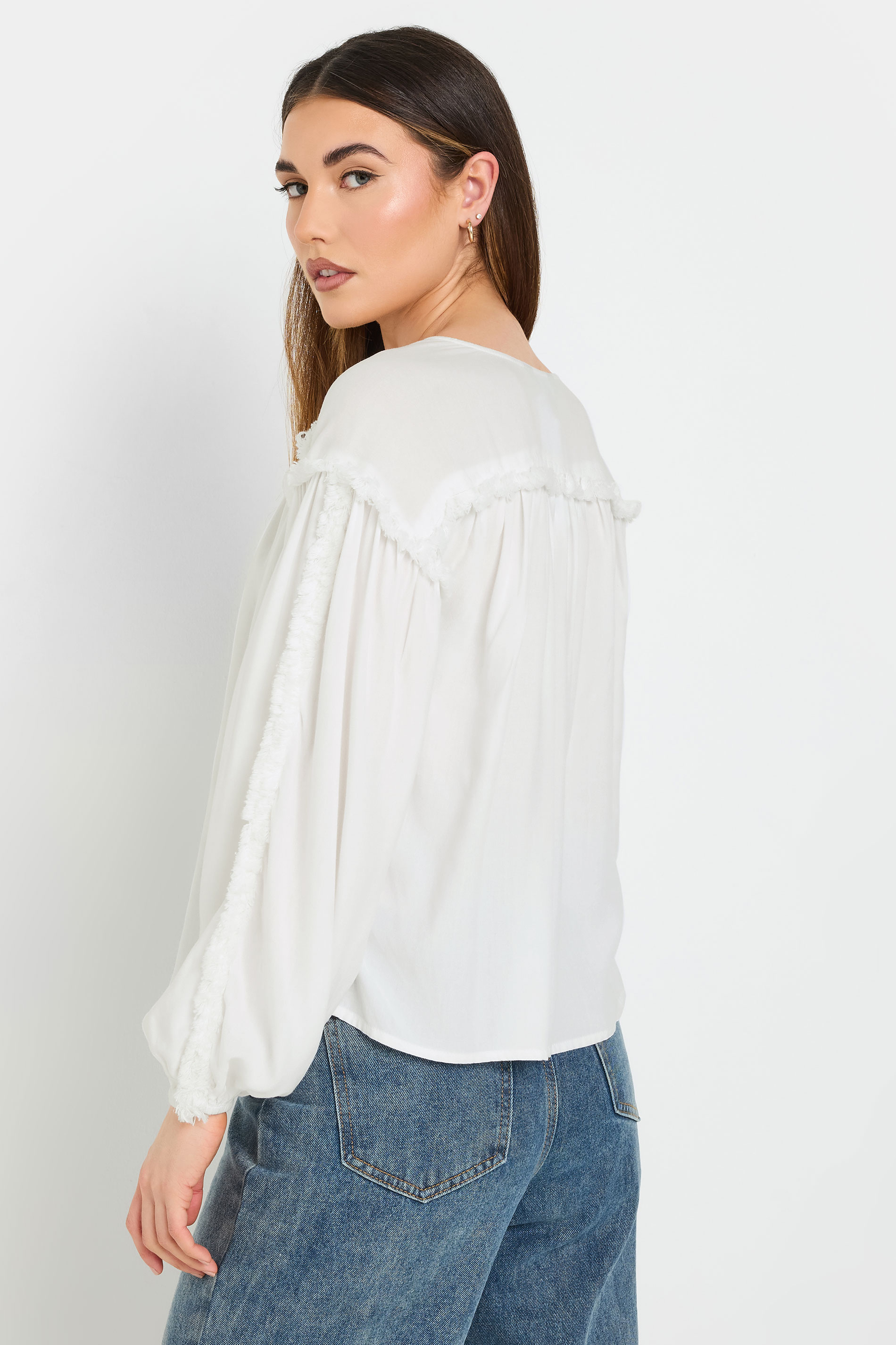 LTS Tall Ivory White Fringed Seam Tie Neck Blouse | Long Tall Sally 7