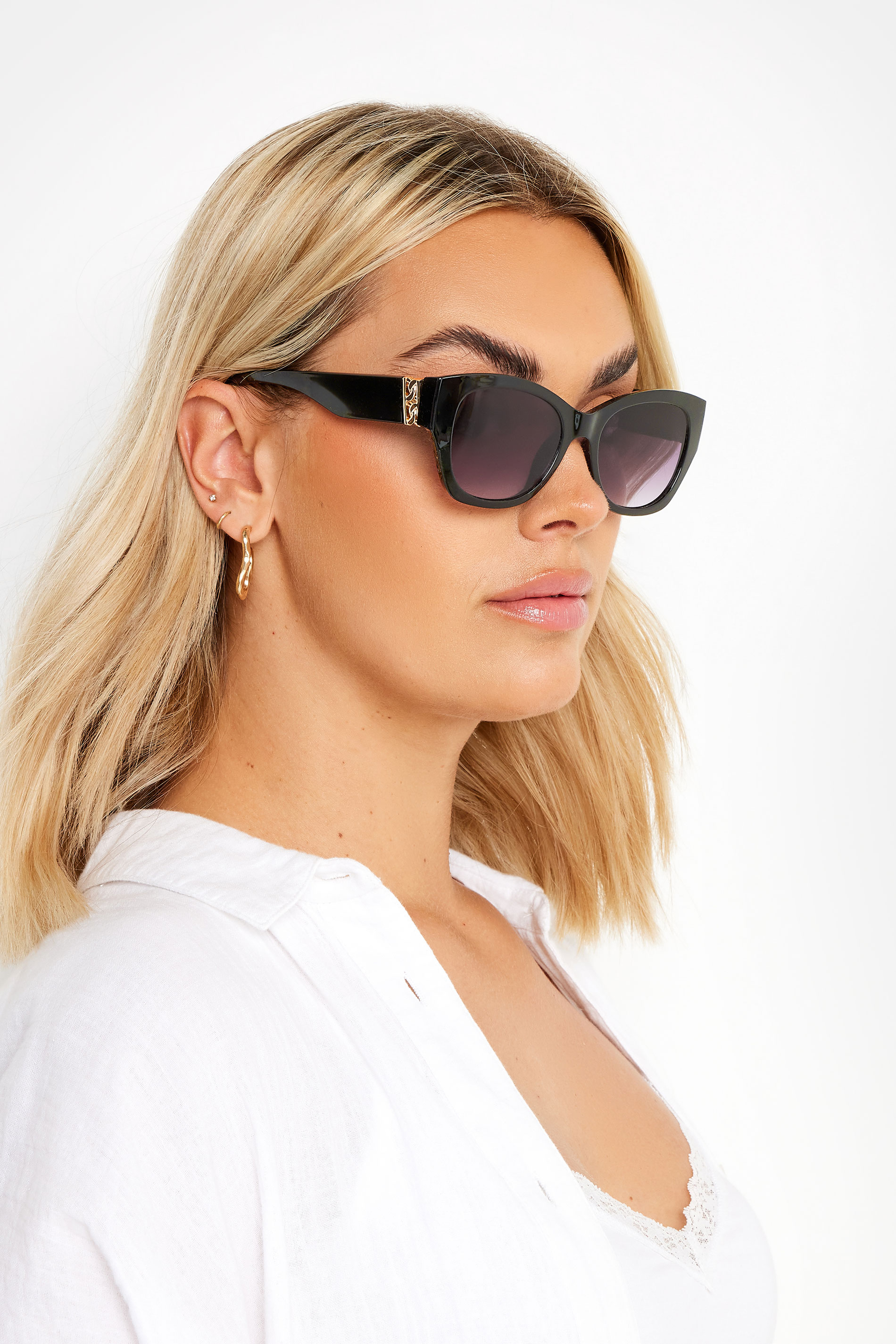 Black & Gold Tone Chain Arm Sunglasses | Yours Clothing 1