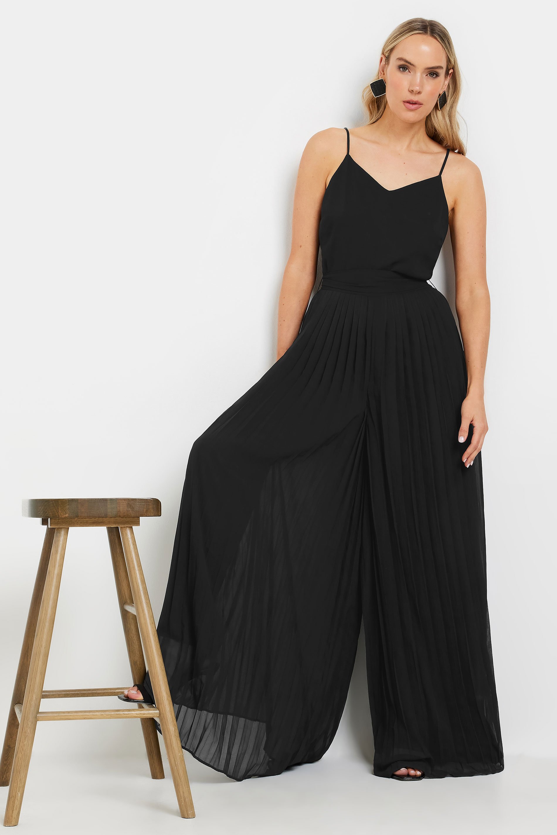 LTS Tall Black Chiffon Pleated Wide Leg Jumpsuit | Long Tall Sally 1