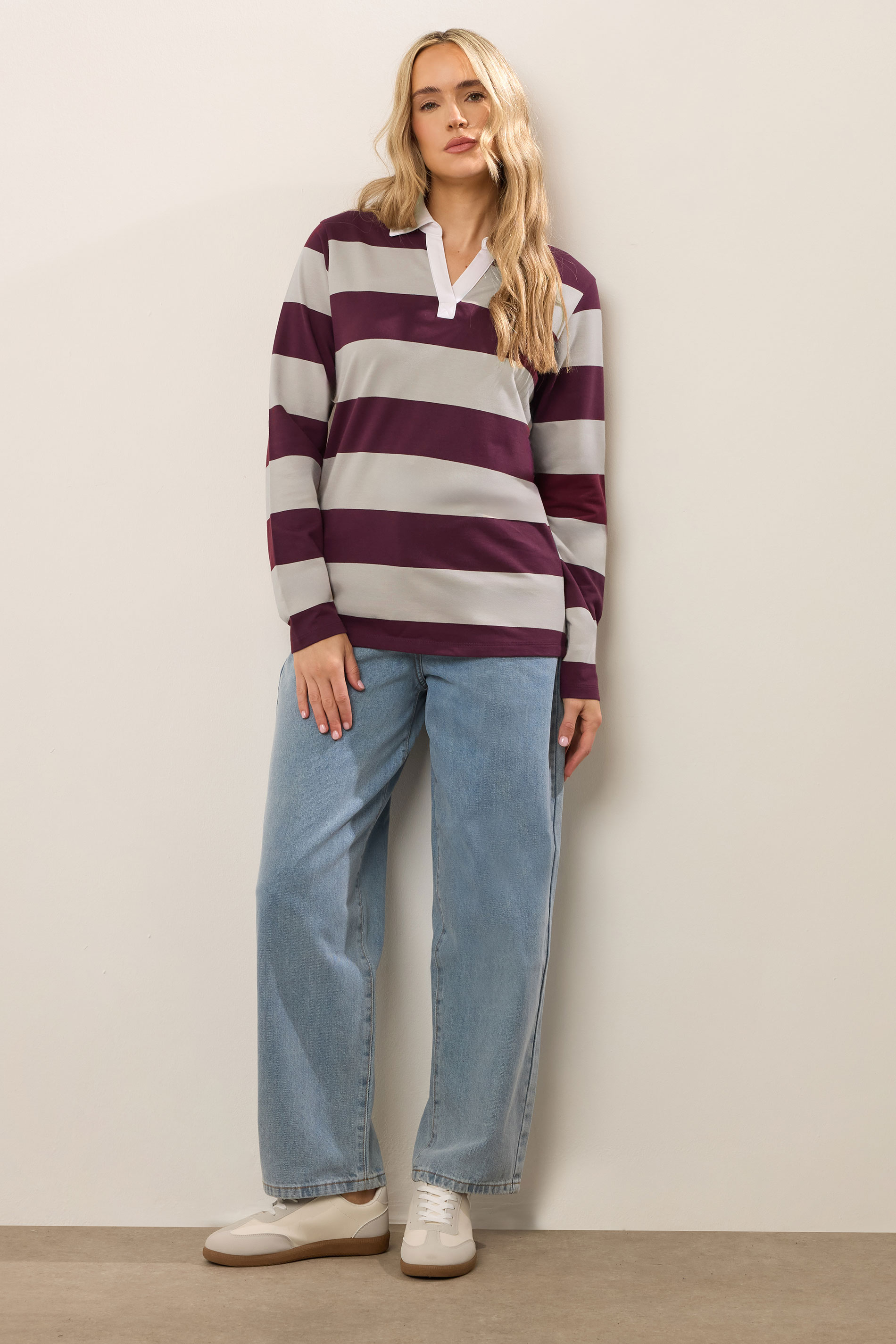 LTS Tall Burgundy Red & Brown Stripe Rugby Sweatshirt | Long Tall Sally 3