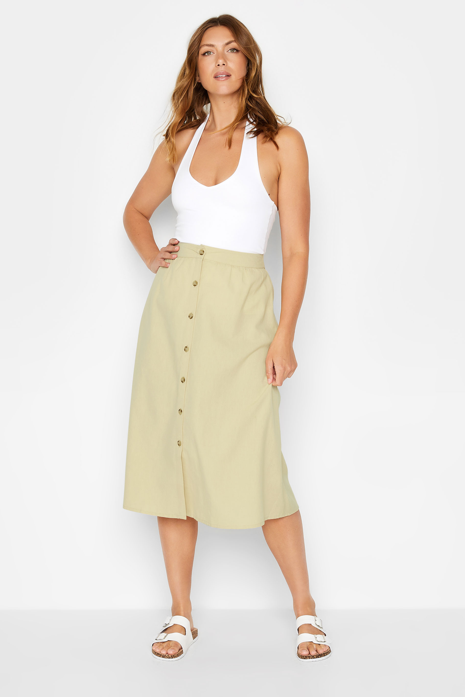 LTS Tall Women's Beige Brown Linen Button Front Skirt | Long Tall Sally 2
