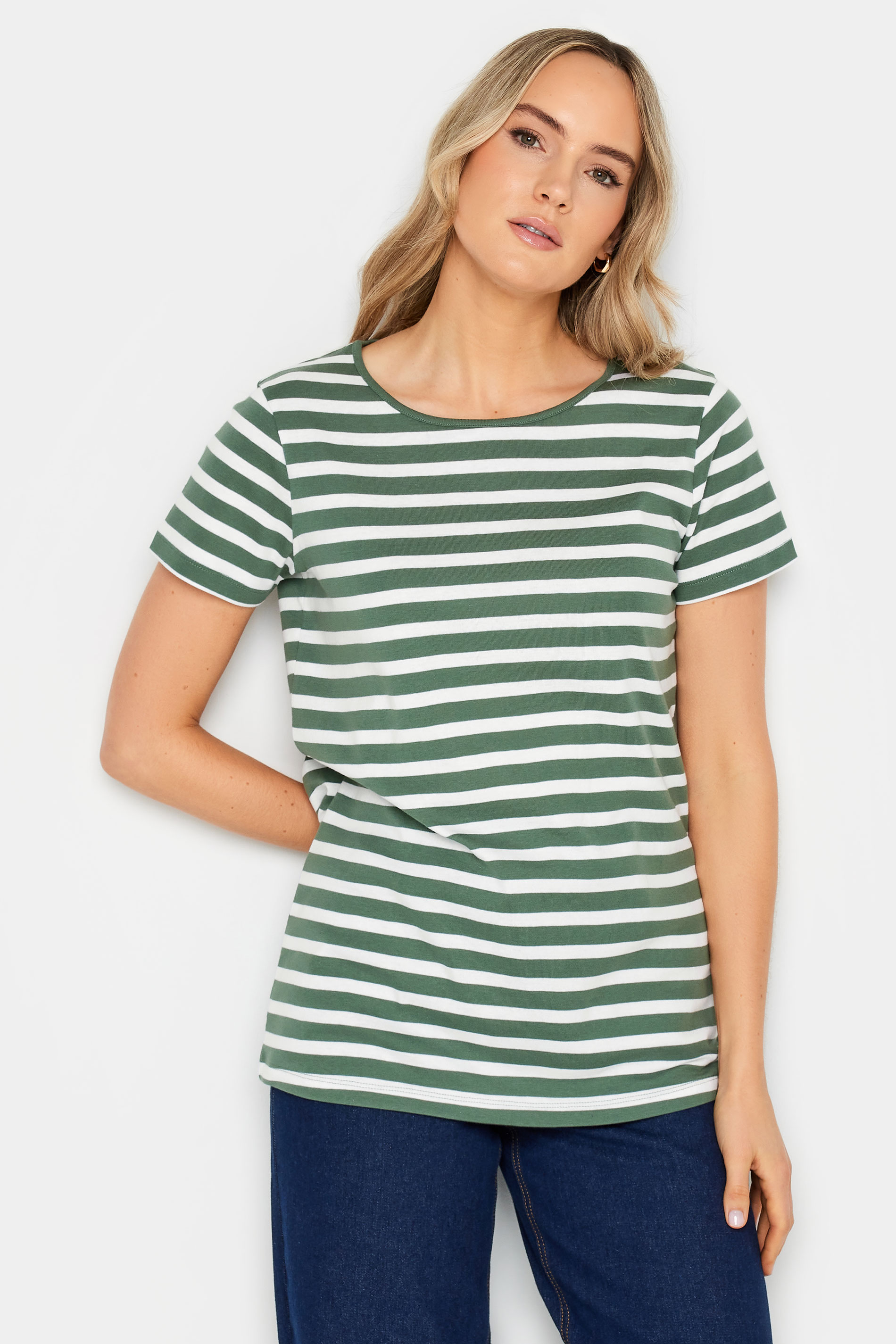 LTS Tall Womens Khaki Green Stripe Crew Neck T-Shirt | Long Tall Sally 1