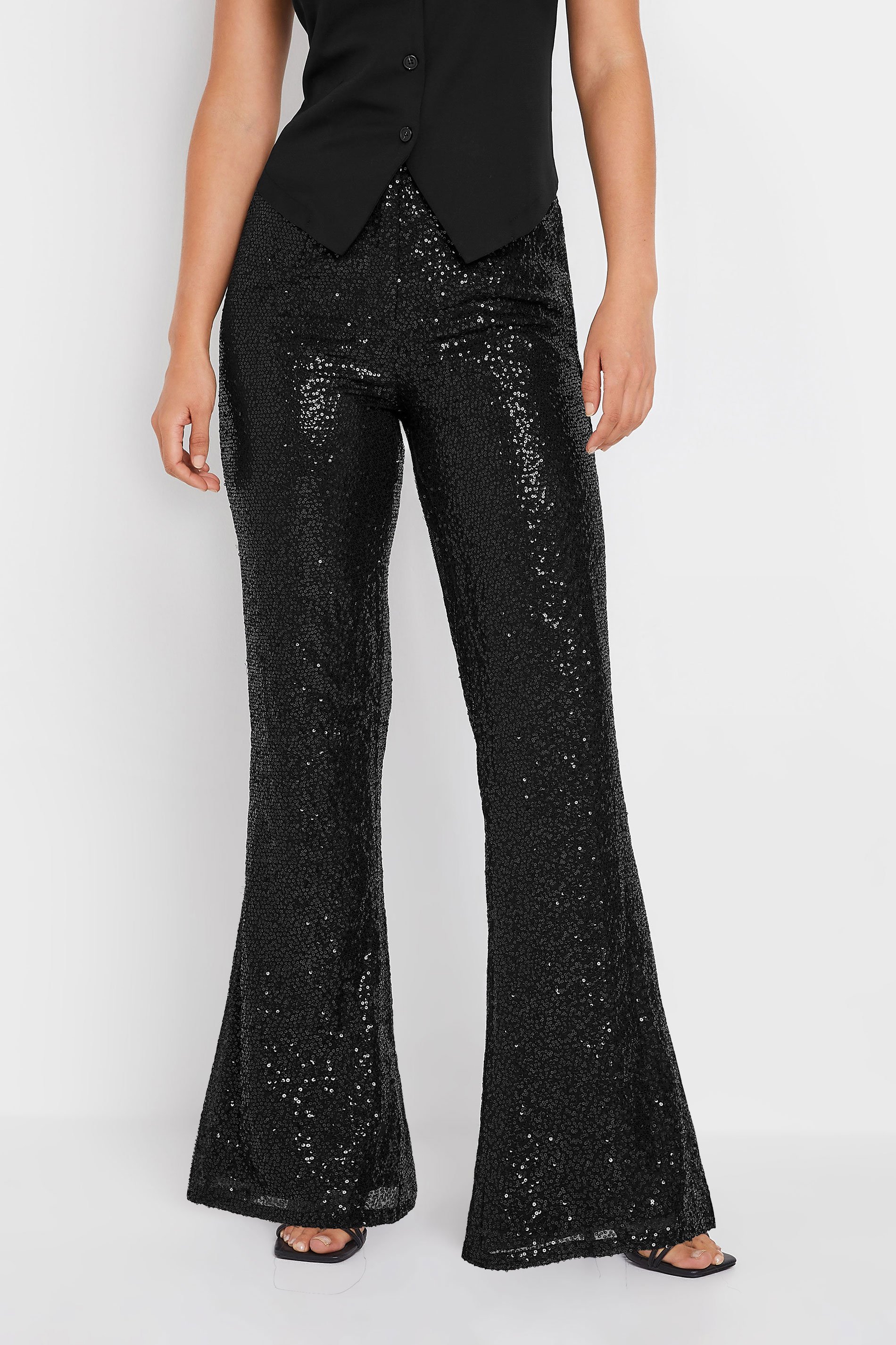 LTS Tall Black Sequin Kick Flare Trousers | Long Tall Sally 2