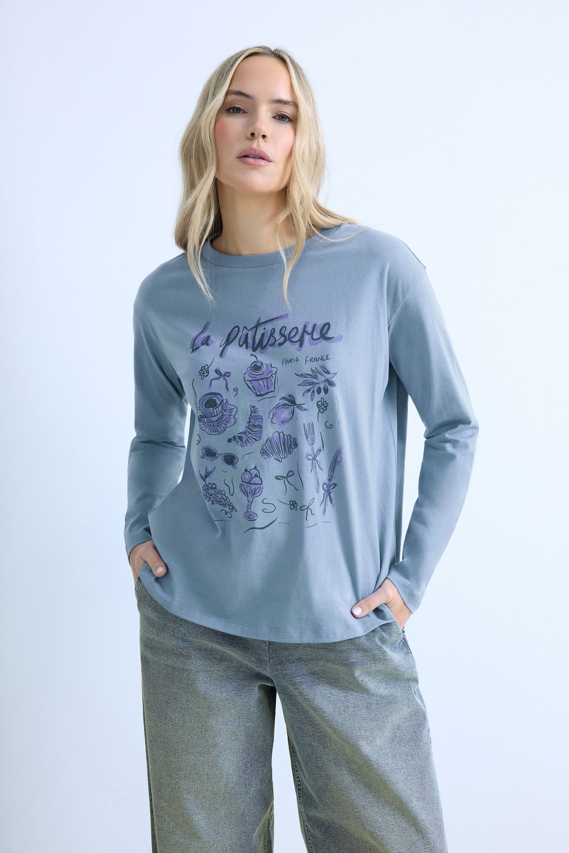 LTS Tall Blue 'La Patisserie' Slogan Long Sleeve T-Shirt | Long Tall Sally 1