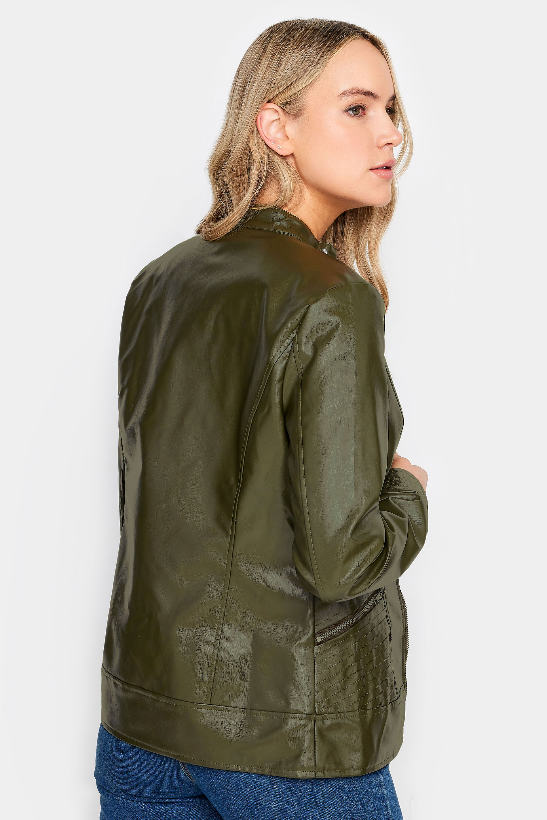 LTS Tall Khaki Green Faux Leather Funnel Neck Jacket | Long Tall Sally  3