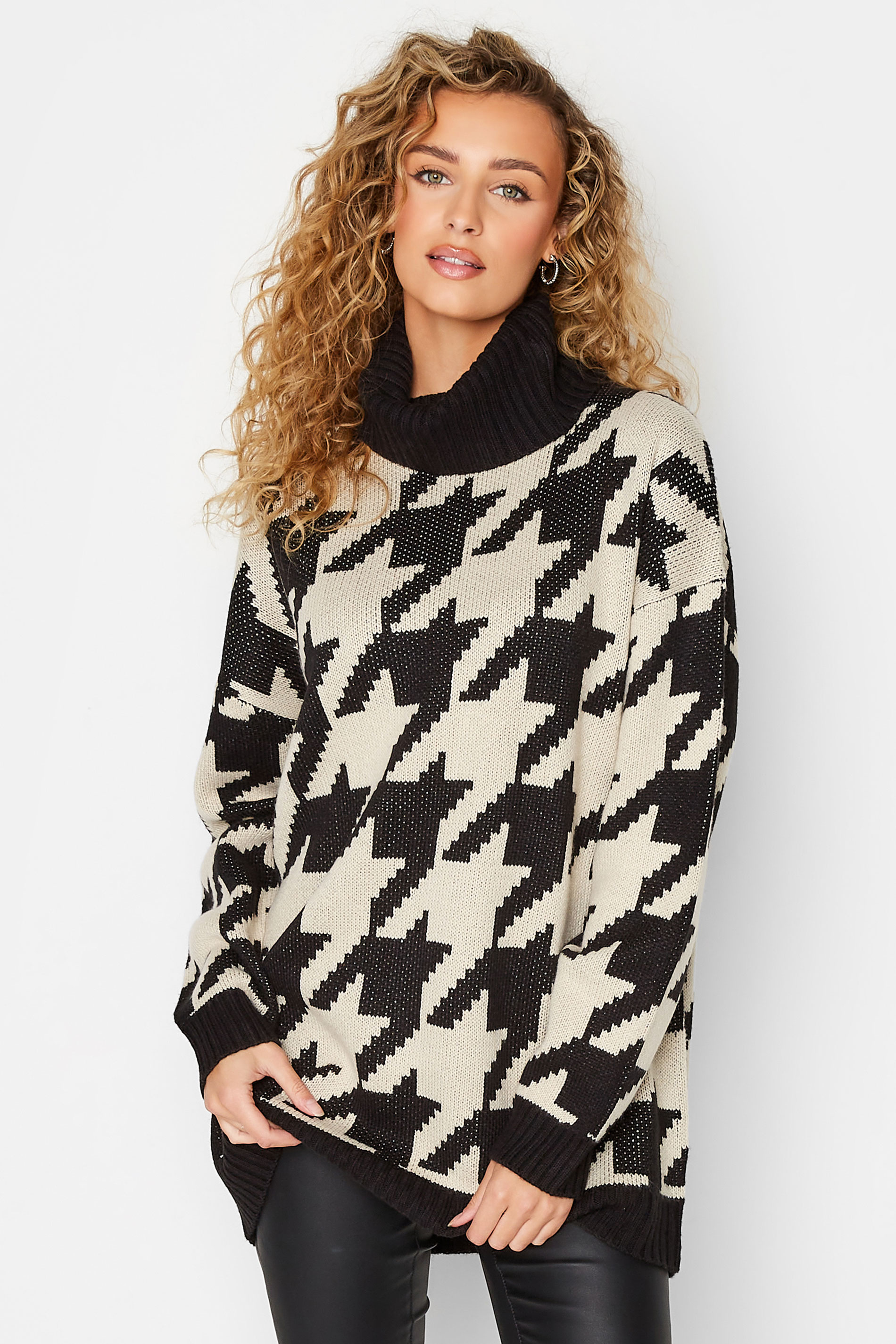 LTS Tall Women's Black & Beige Dogtooth Check Roll Neck Jumper | Long Tall Sally 1