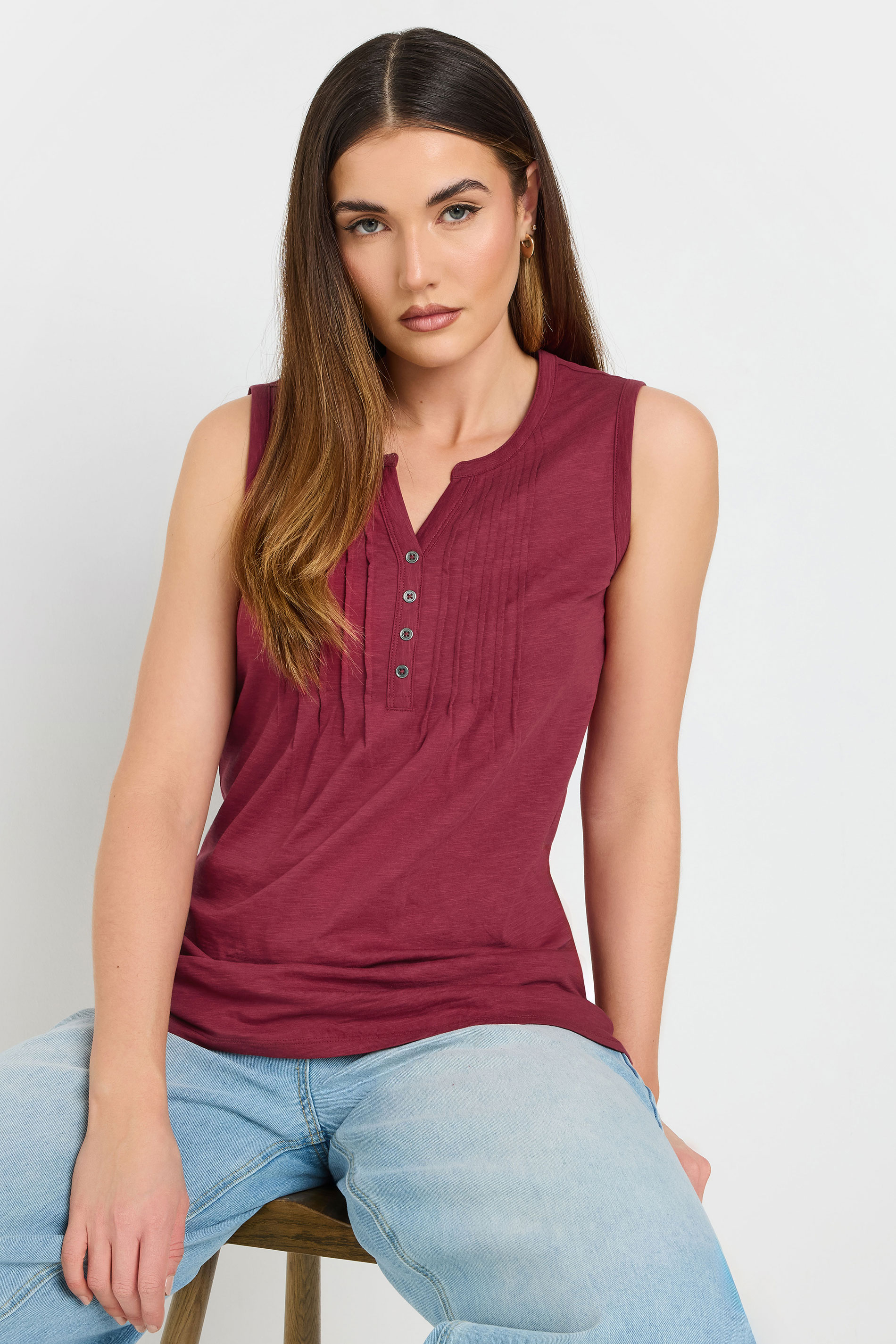 LTS Tall Dark Red Cotton Henley Vest Top | Long Tall Sally 1
