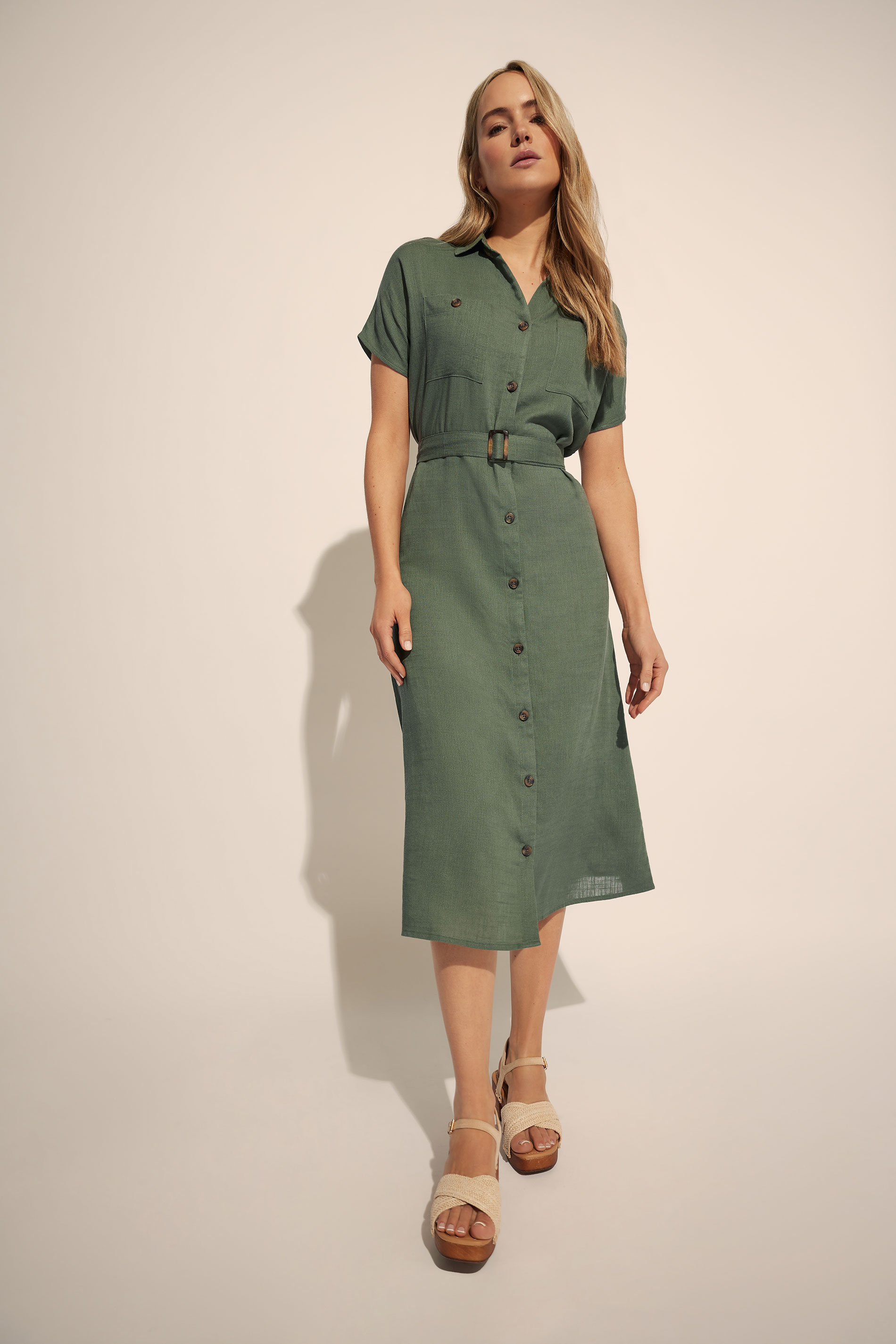LTS Tall Khaki Green Linen Button Midi Dress | Long Tall Sally 1