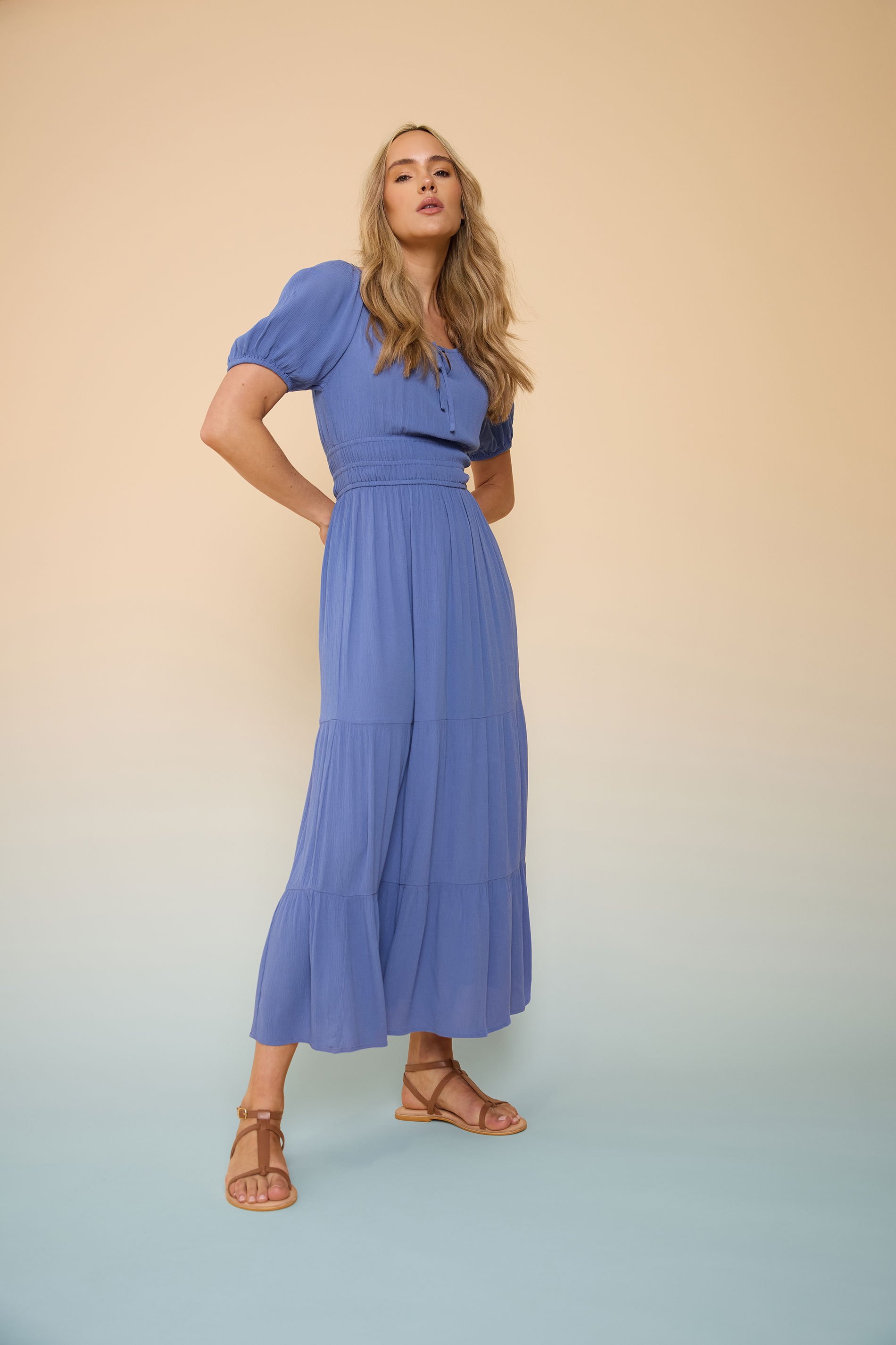 LTS Tall Blue Textured Balloon Sleeve Dress | Long Tall Sally 1