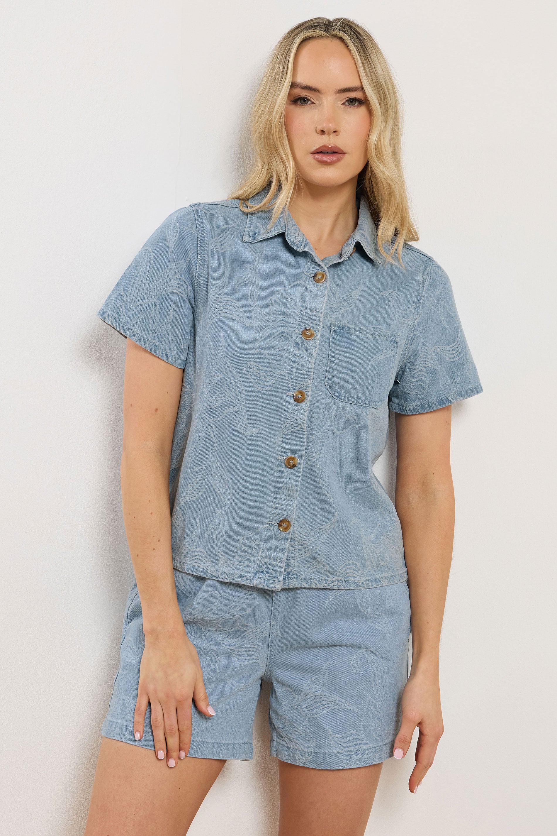 LTS PREMIUM Tall Women's Set Light Blue Cotton Jacquard Denim Shirt & Shorts | Long Tall Sally 3