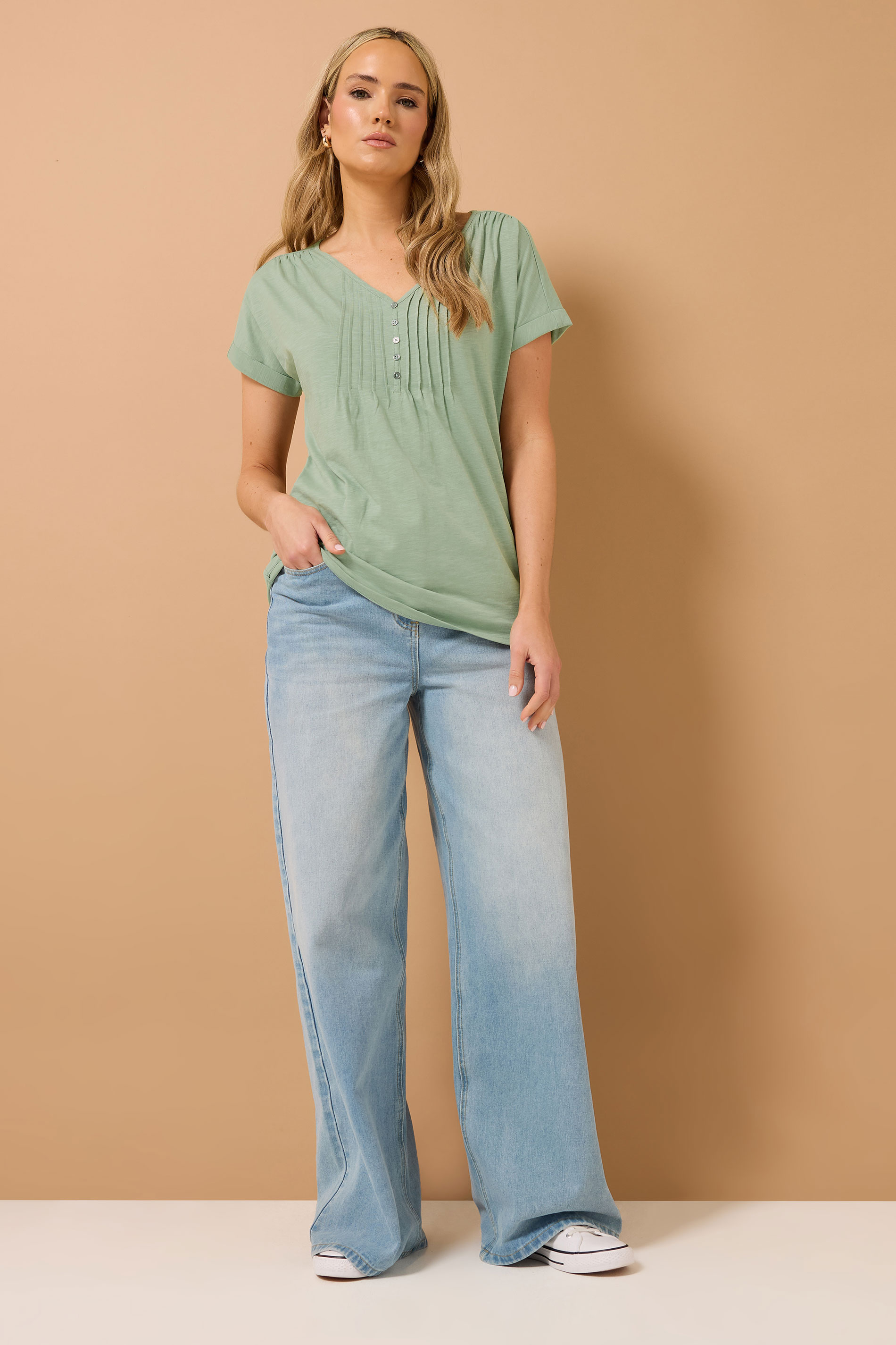 LTS Tall 2 PACK Sage Green & Pink Cotton Henley Tops | Long Tall Sally 4