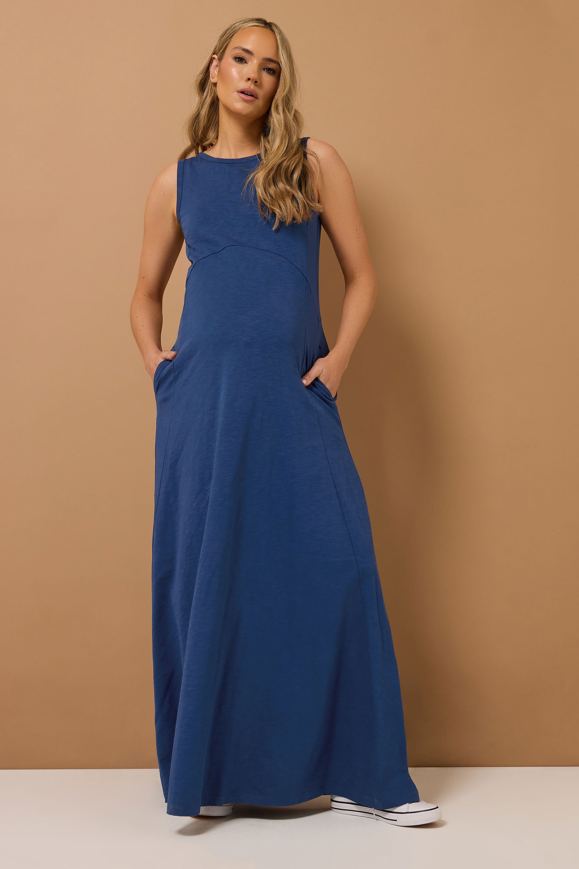 LTS Tall Premium Maternity Navy Blue Cotton Vest Maxi Dress | Long Tall Sally 3