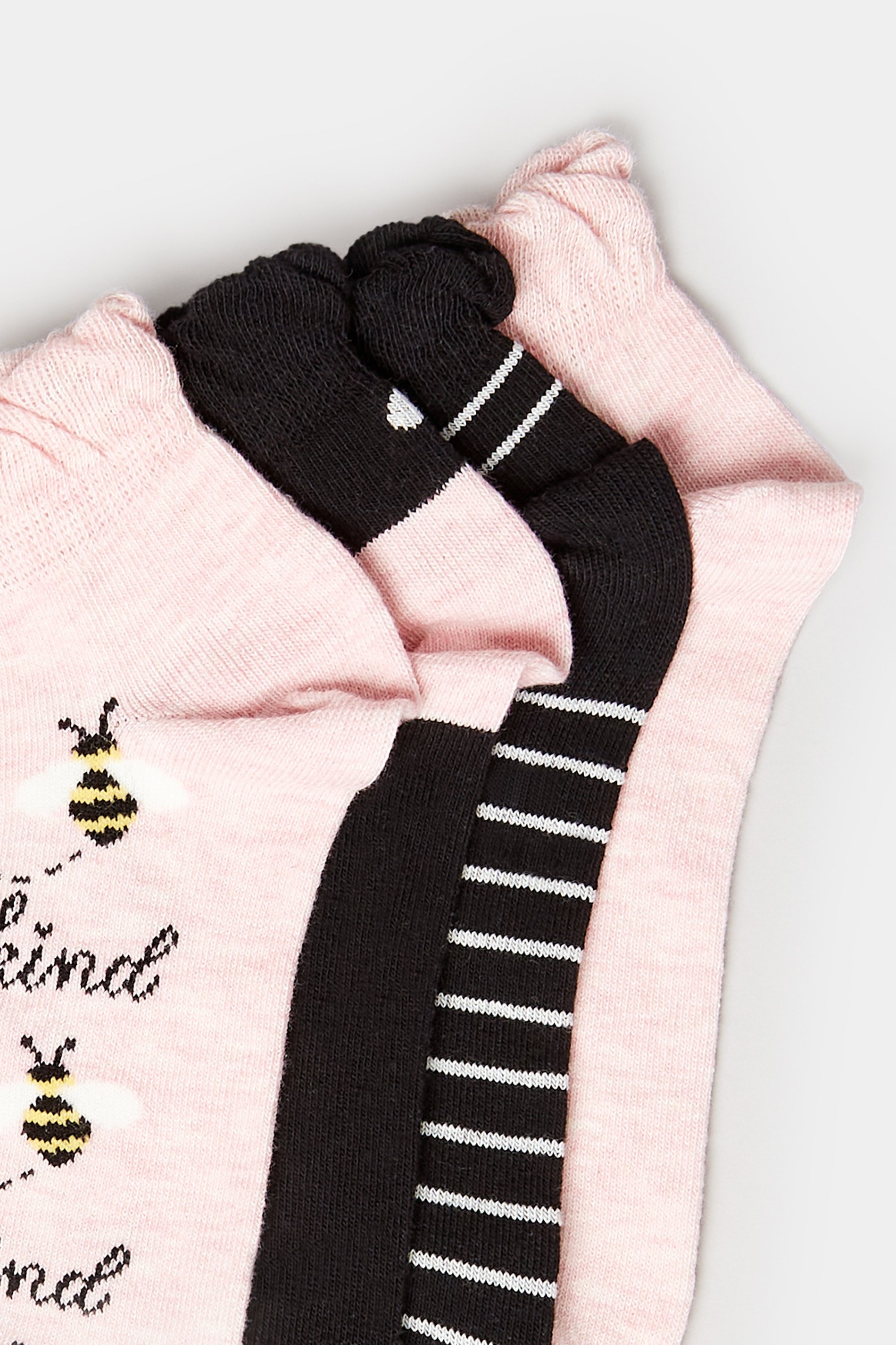 YOURS 4 PACK Plus Size Black & Pink 'Bee Kind' Printed Trainer Liner Socks | Yours Clothing 4