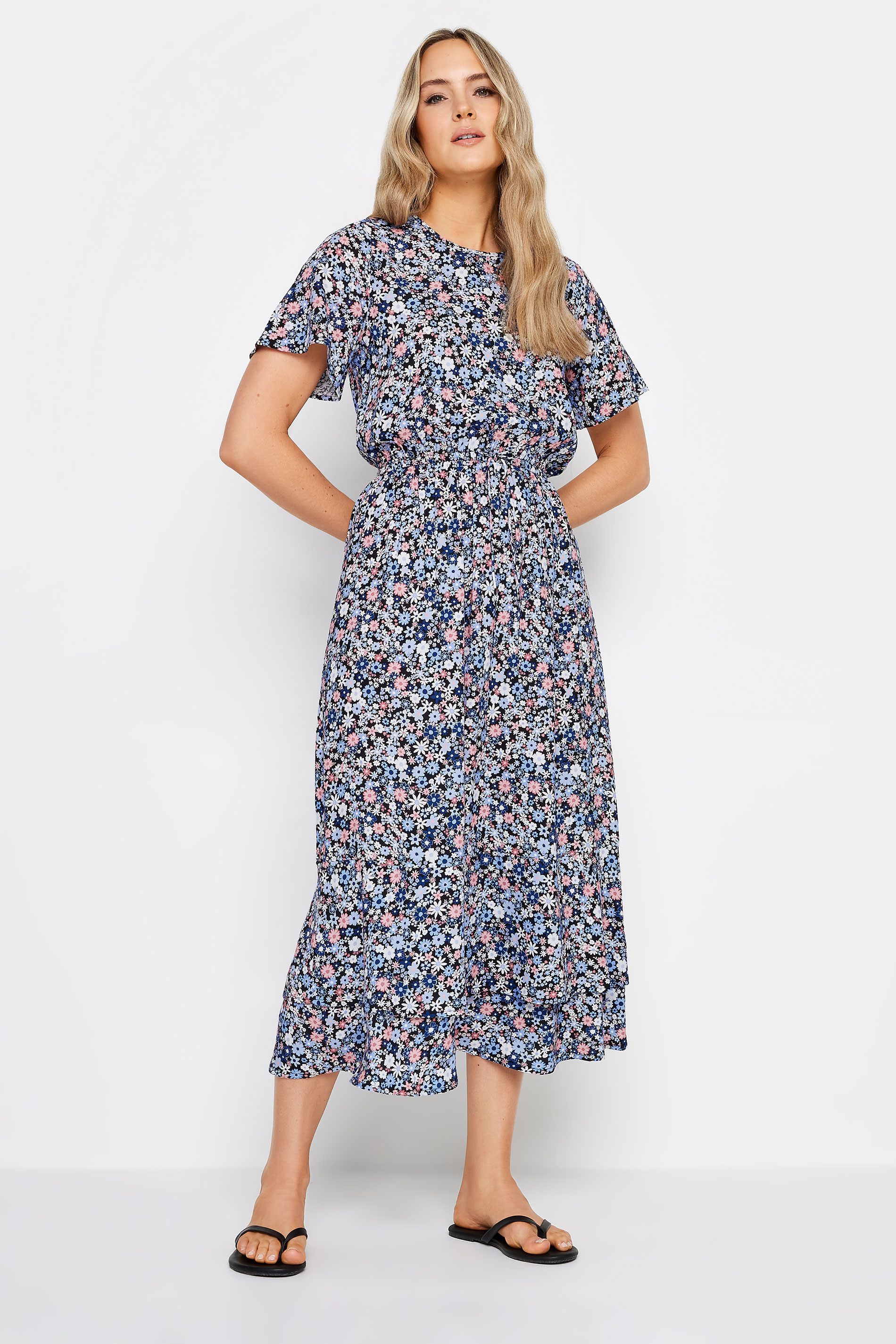 LTS Tall Womens Blue Floral Print Tie Waist Midi Dress | Long Tall Sally 1