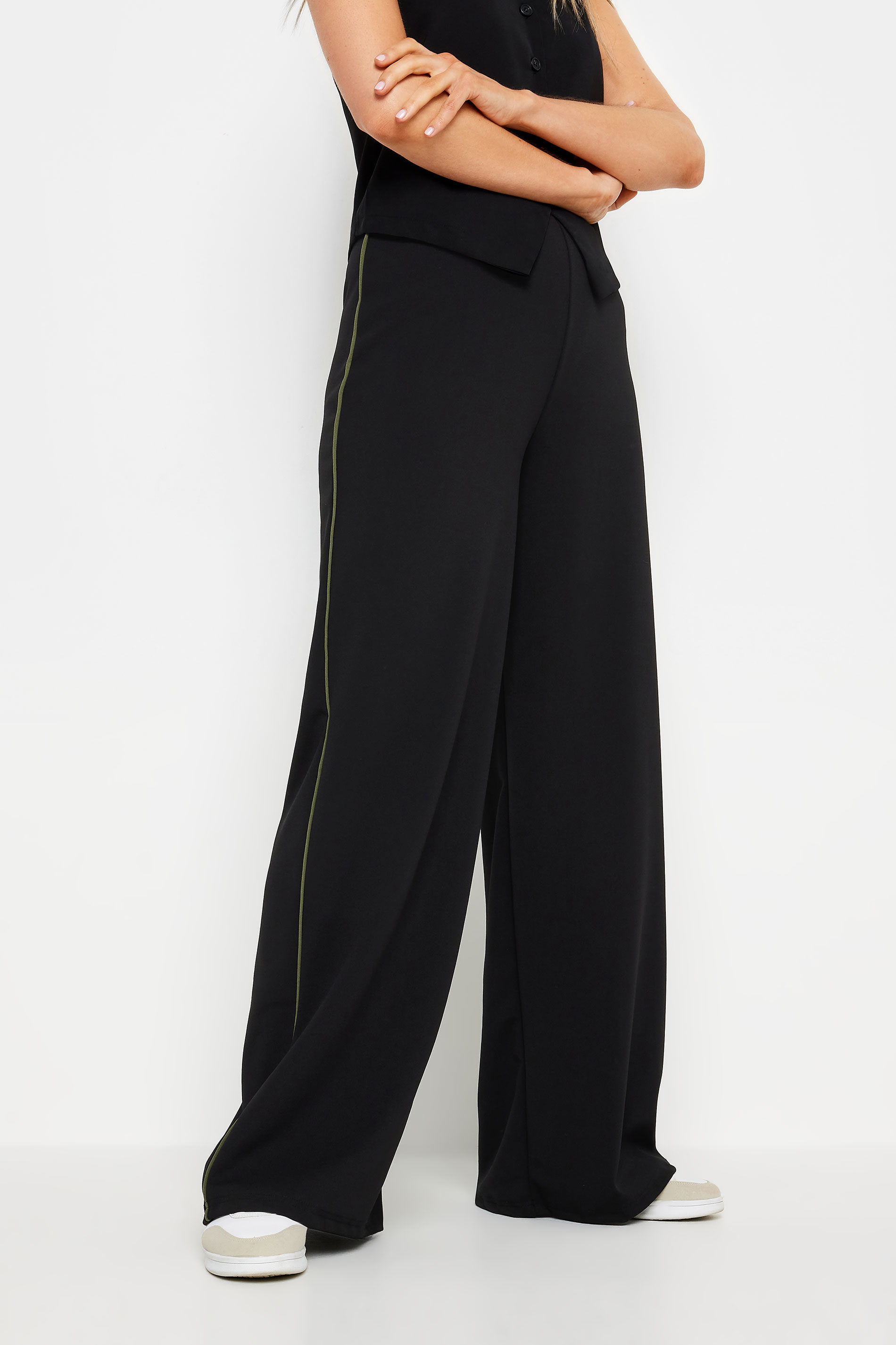 LTS Tall Womens Black & Khaki Green Side Pipe Detail Wide Leg Trousers | Long Tall Sally 2