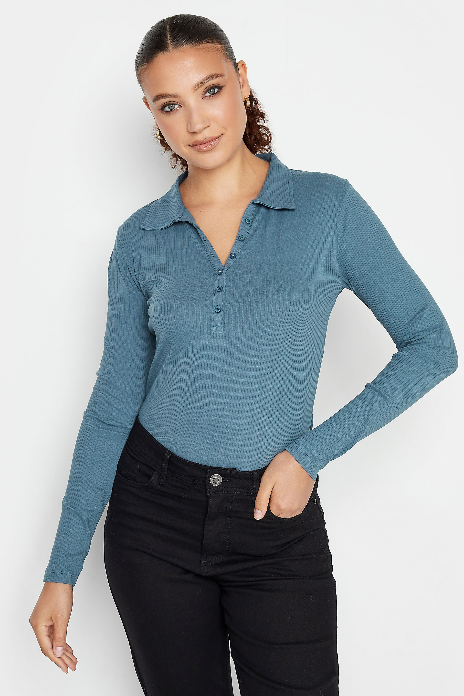 LTS Tall Blue Ribbed Button Detail Collared Top | Long Tall Sally 1