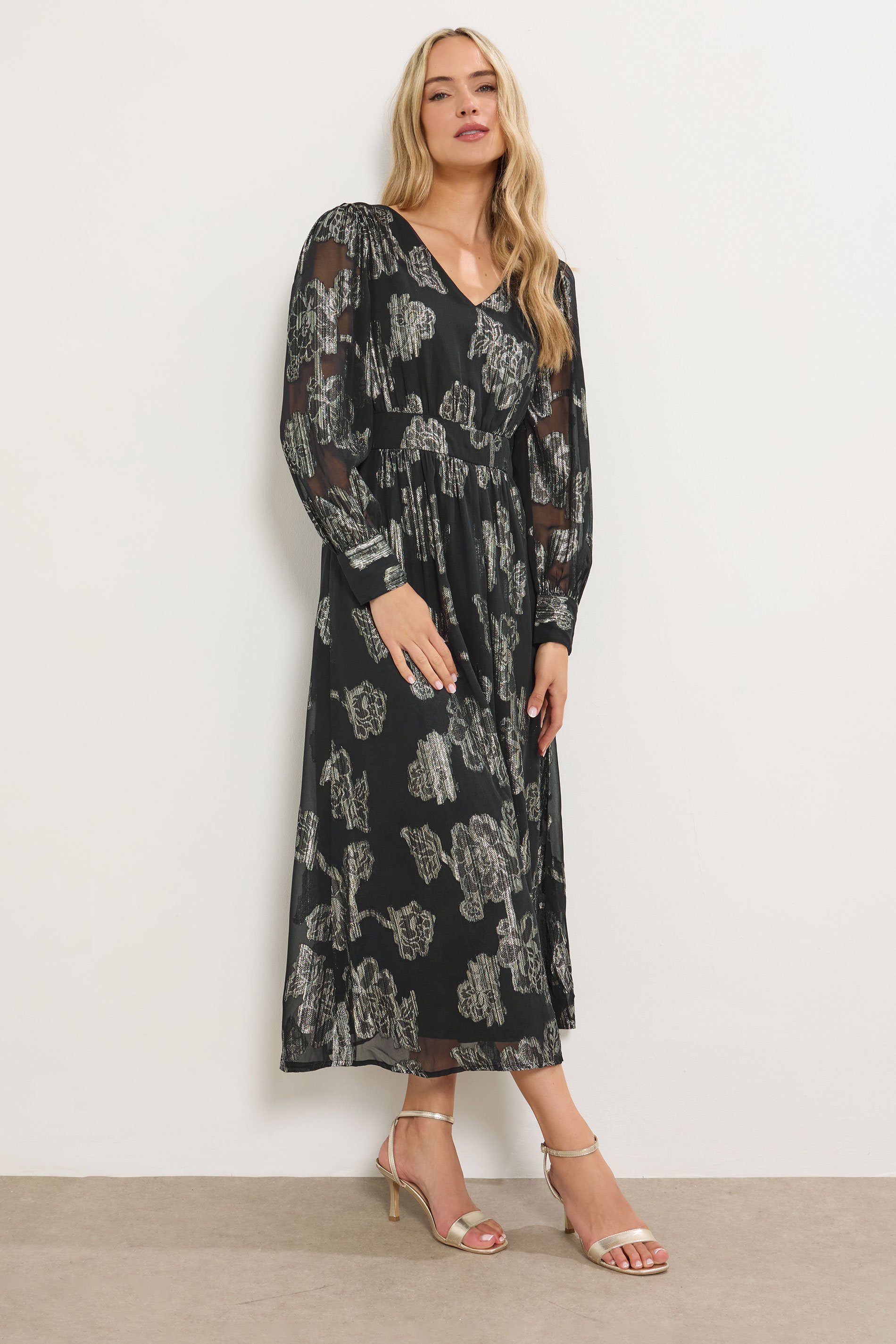 LTS Tall Black & Gold Floral Jacquard Midaxi Dress | Long Tall Sally  2