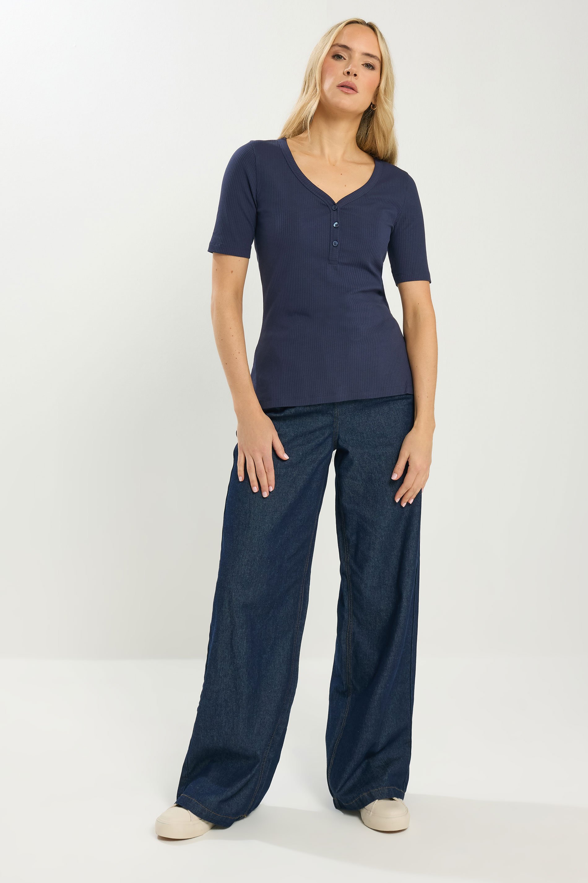 LTS Tall Navy Blue Ribbed Short Sleeve Henley Top | Long Tall Sally 2