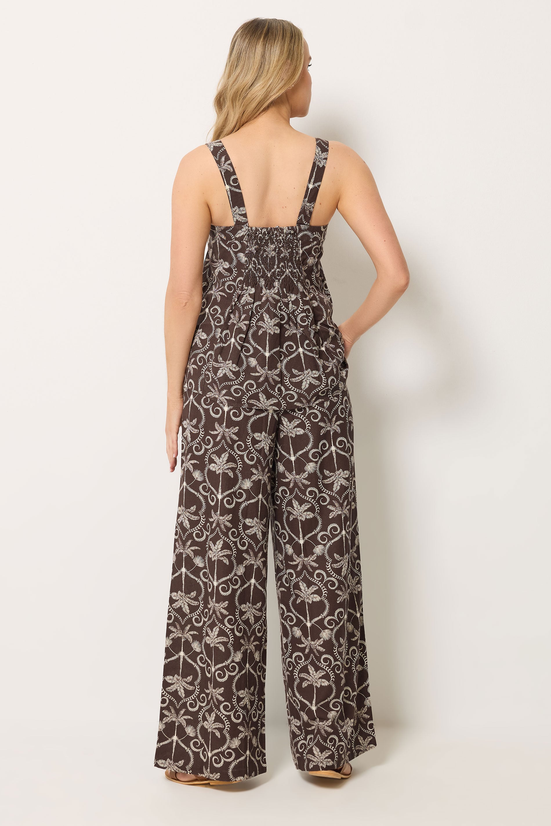 LTS Tall Women's Set Chocolate Brown Palm Linen Vest Top & Wide Leg Trousers | Long Tall Sally 2