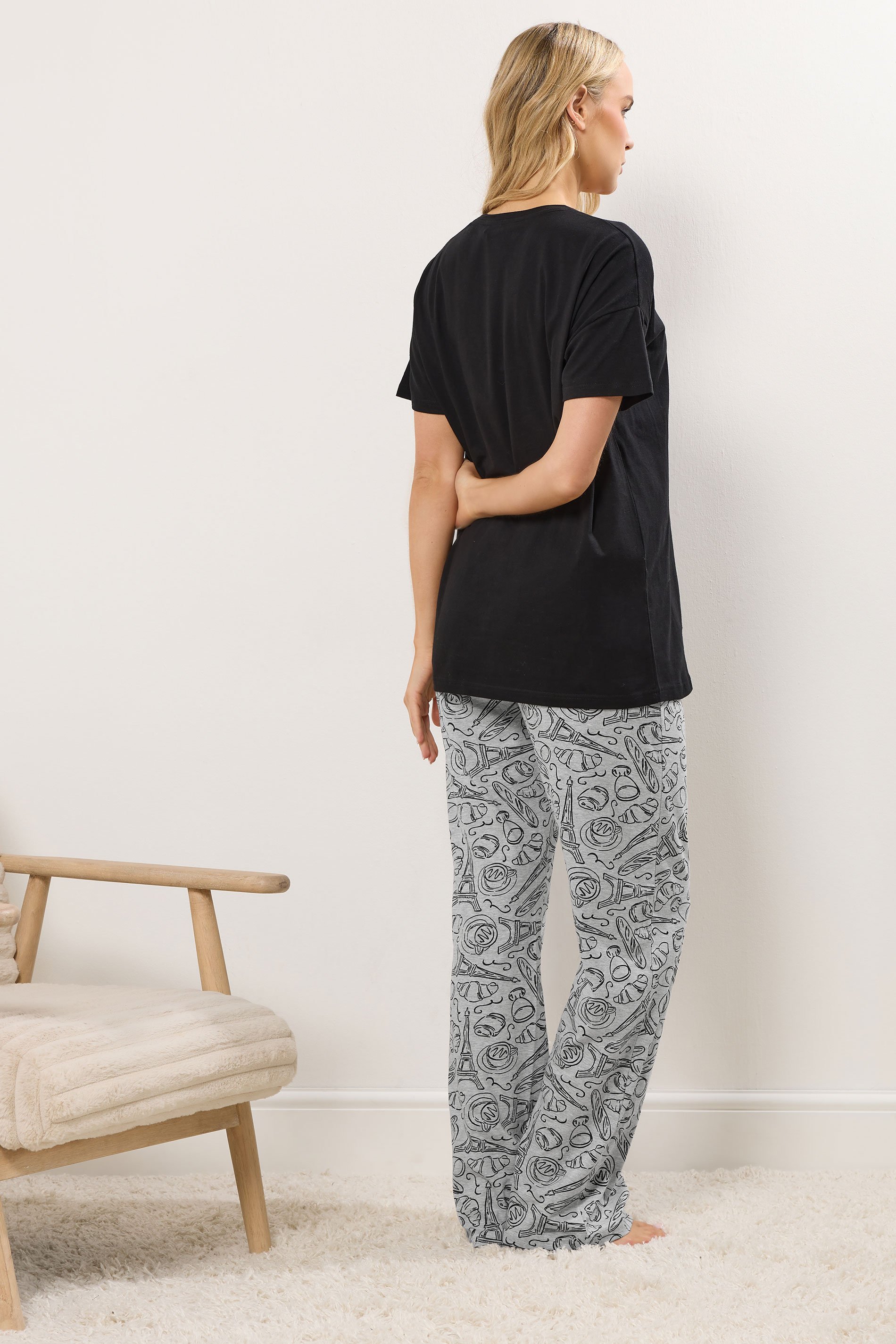 LTS Tall Women's Black 'Breakfast Club' Wide Leg Pyjama Set | Long Tall Sally 3