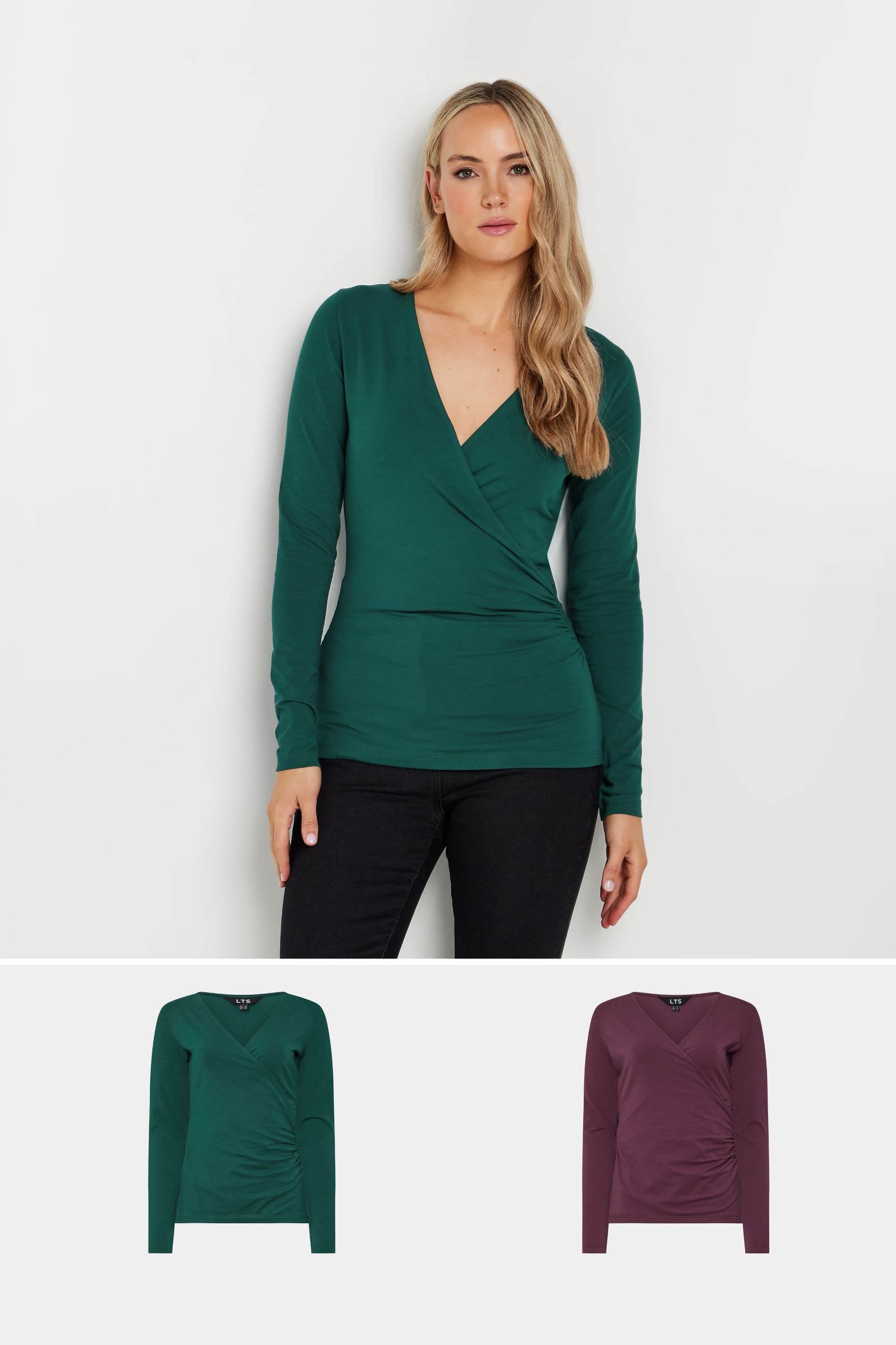 LTS Tall 2 PACK Green & Burgundy Red Wrap Tops | Long Tall Sally 1