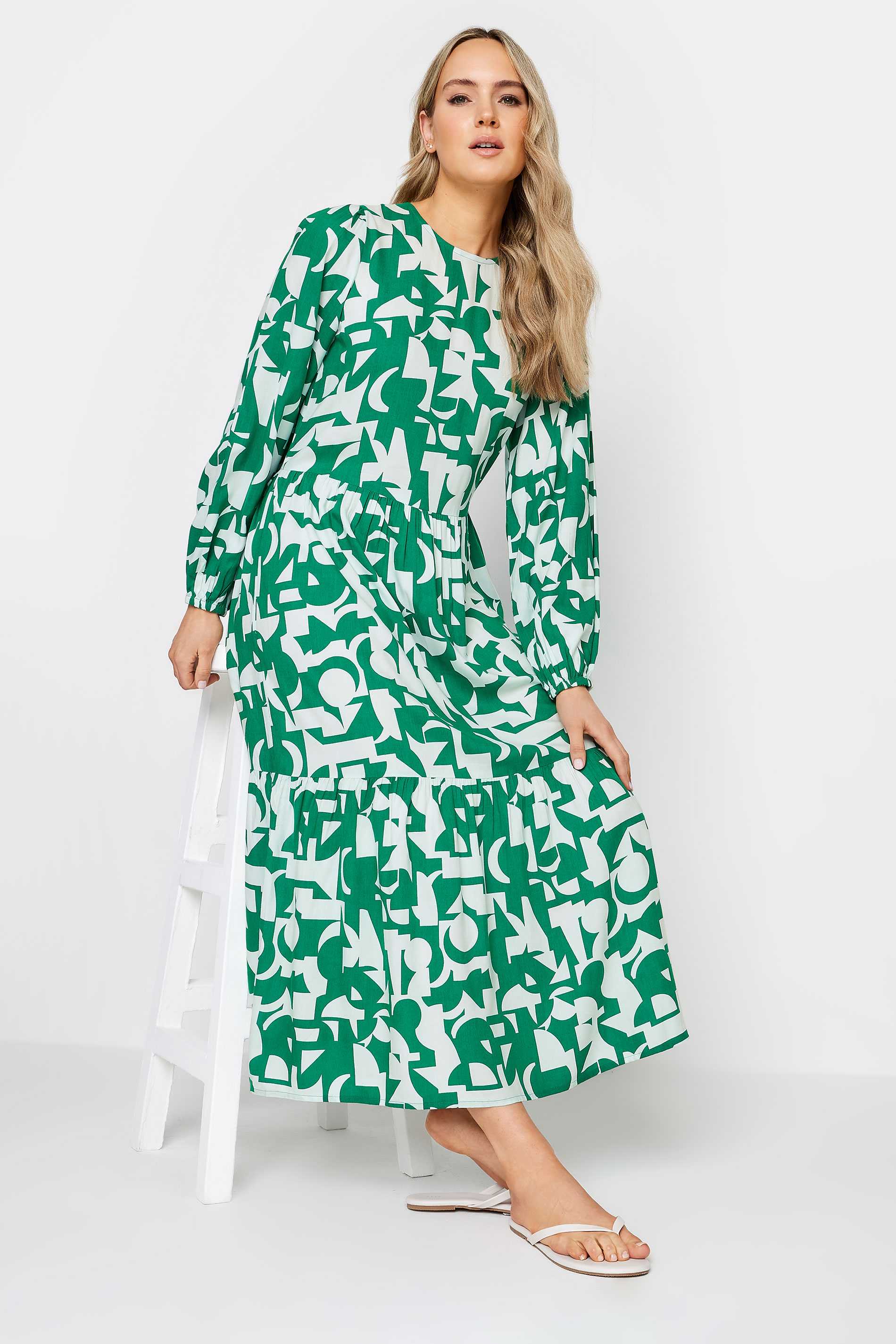 LTS Tall Womens Green Abstract Print Tiered Maxi Dress | Long Tall Sally  1