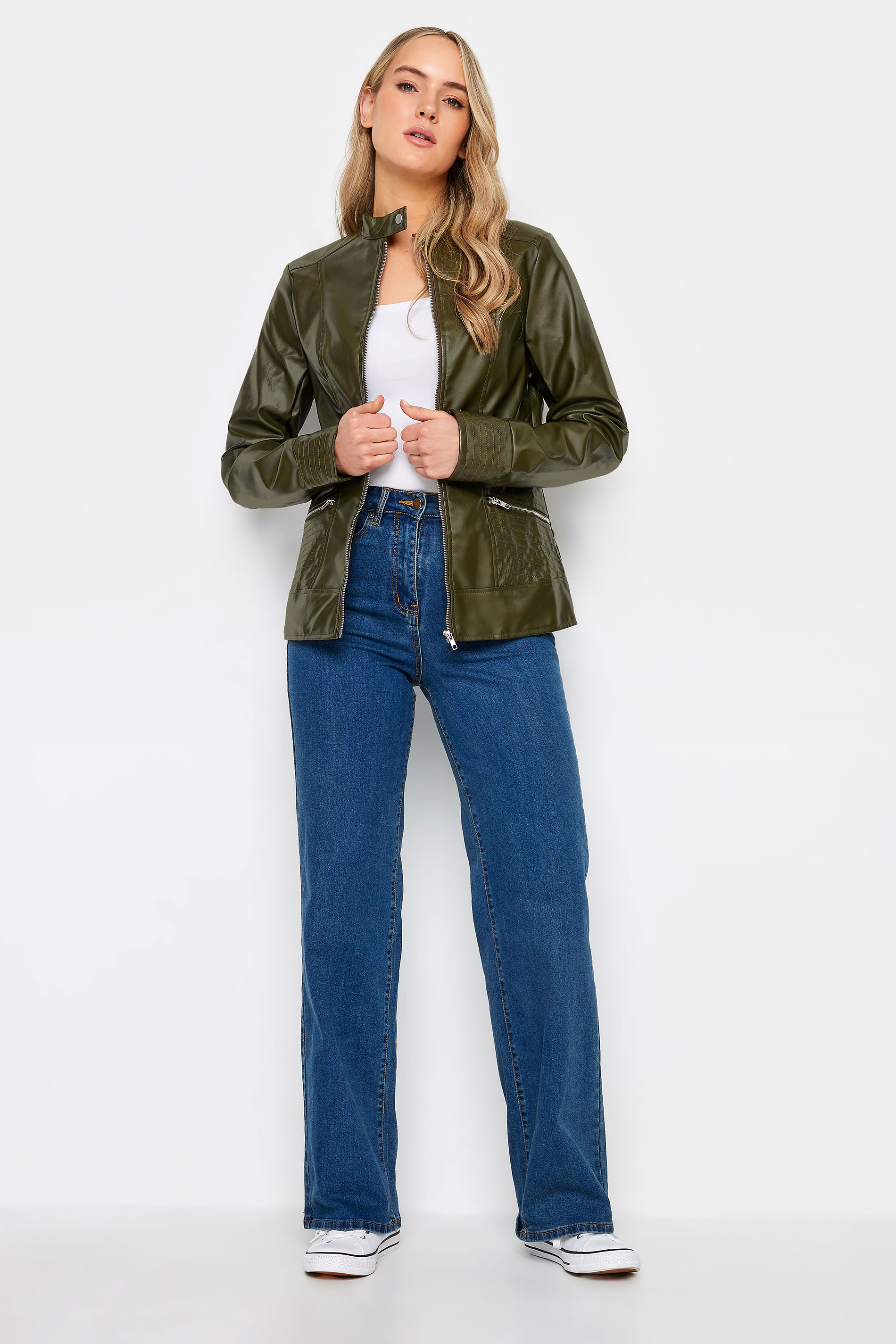 LTS Tall Khaki Green Faux Leather Funnel Neck Jacket | Long Tall Sally  2