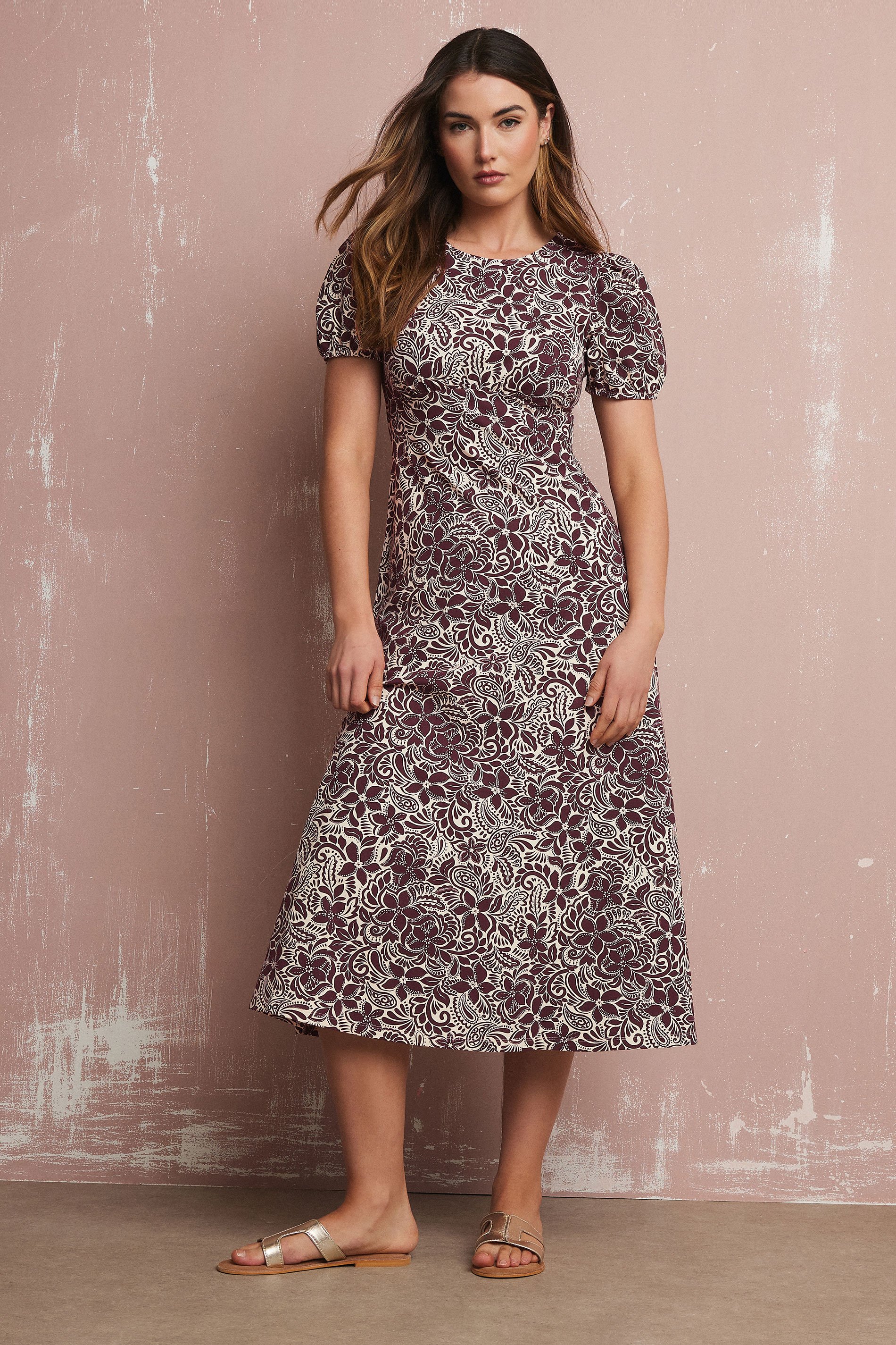 LTS Tall Purple Floral Puff Sleeve Midi Dress | Long Tall Sally 1
