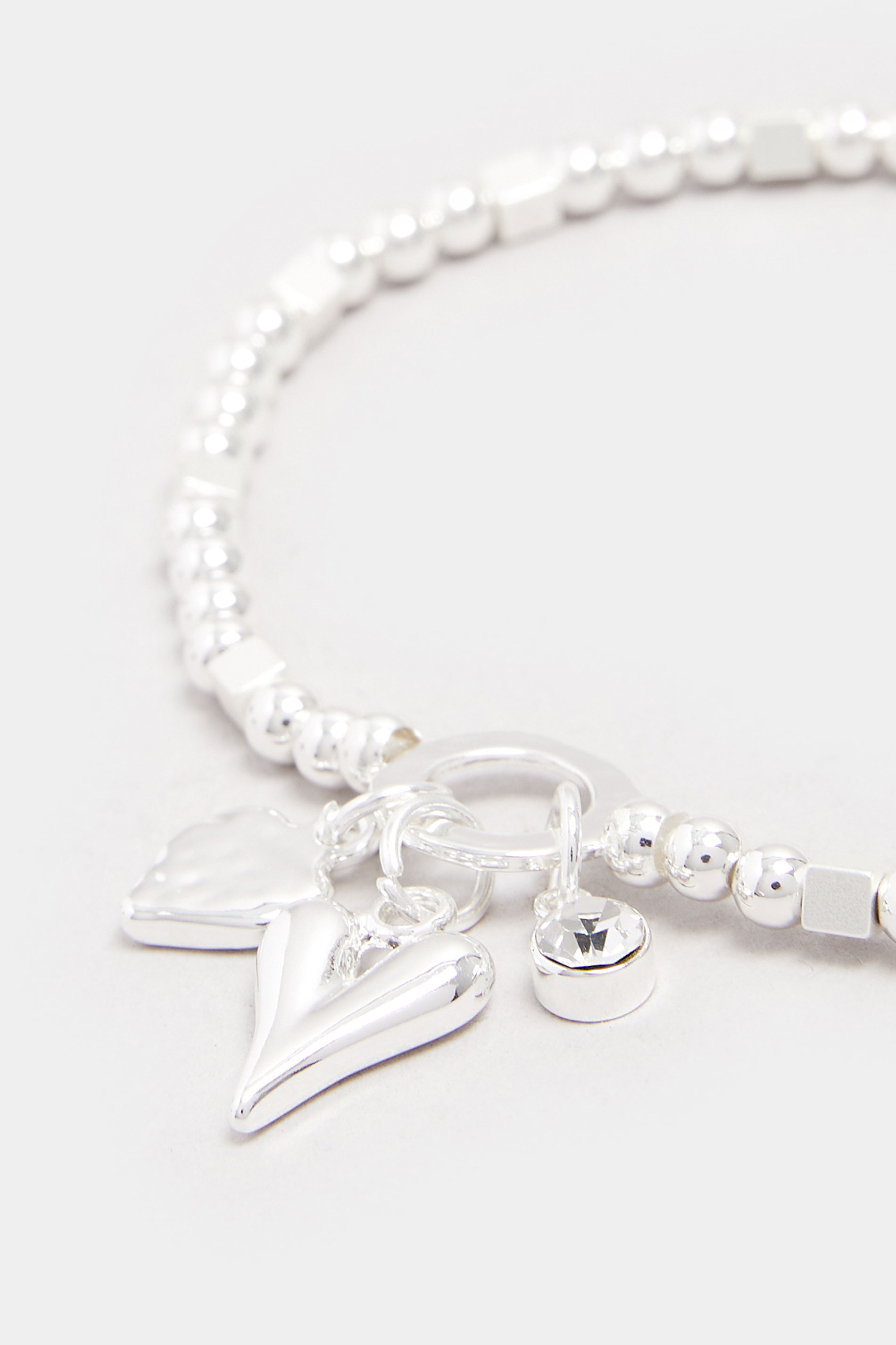 Silver Tone Beaded Heart Charm Stretch Bracelet | Yours Clothing 3