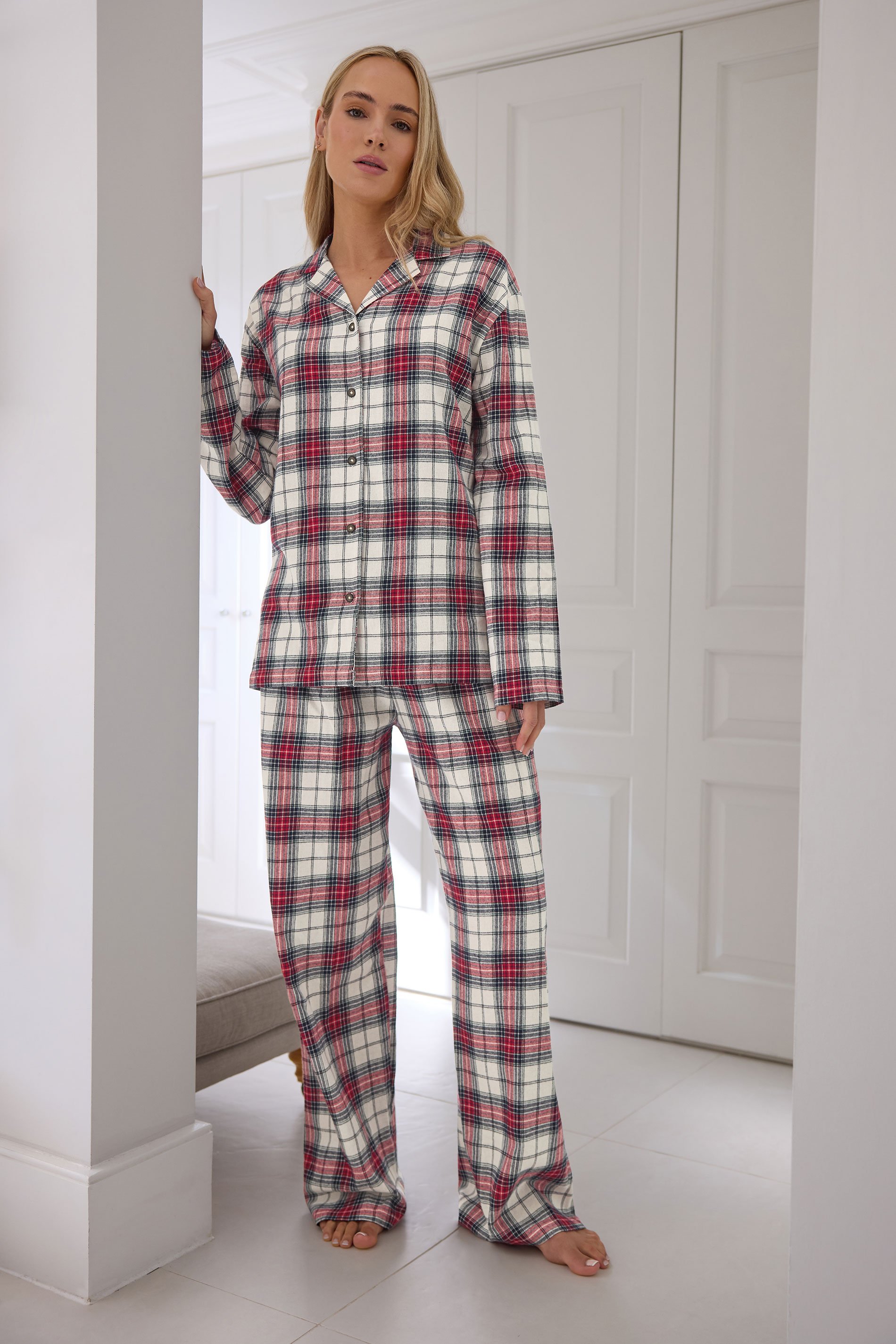 LTS Tall Ivory White & Red Cotton Check Pyjama Set | Long Tall Sally 1