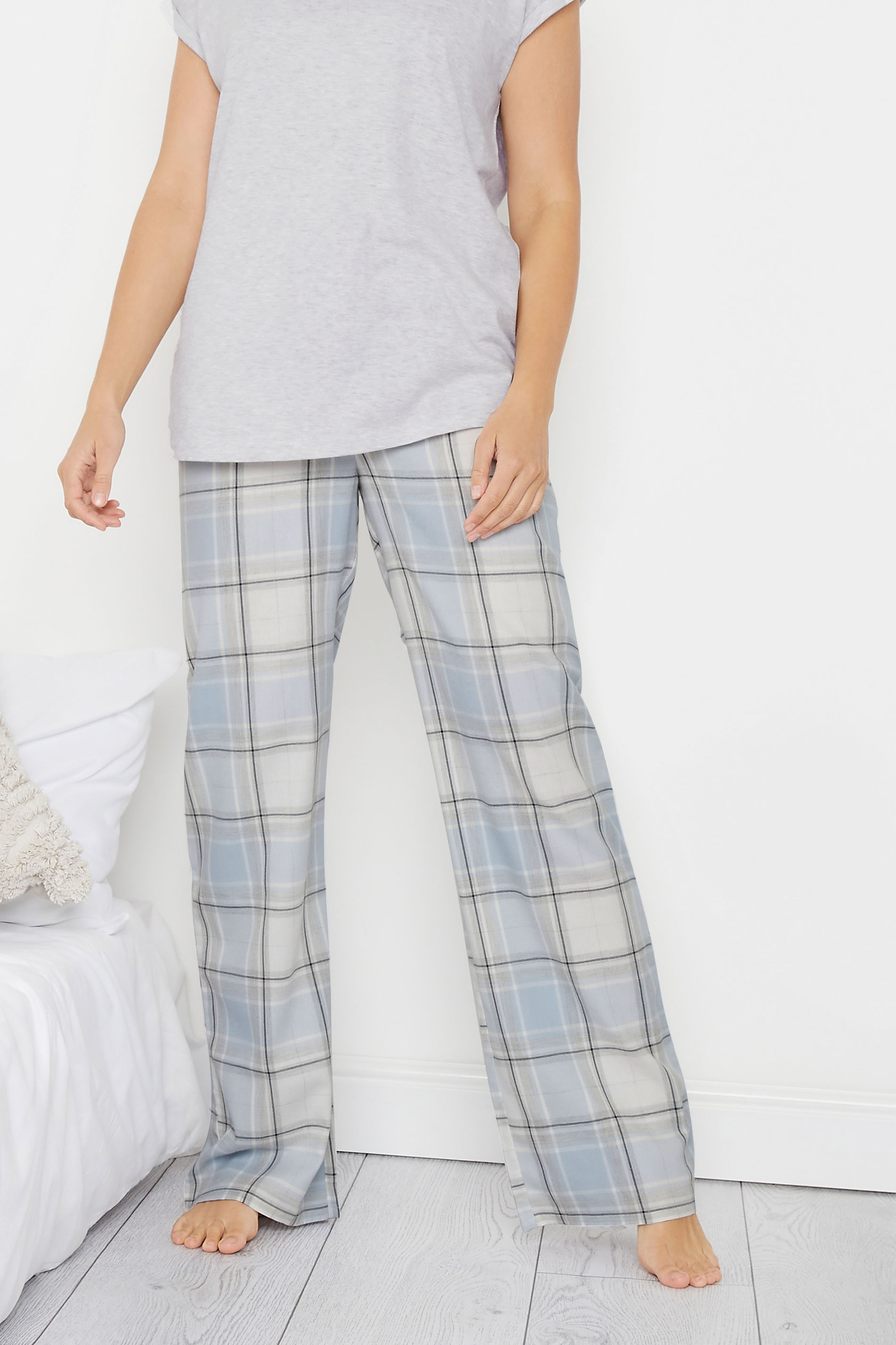 LTS Tall Light Blue Check Woven Pyjama Bottoms | Long Tall Sally 1
