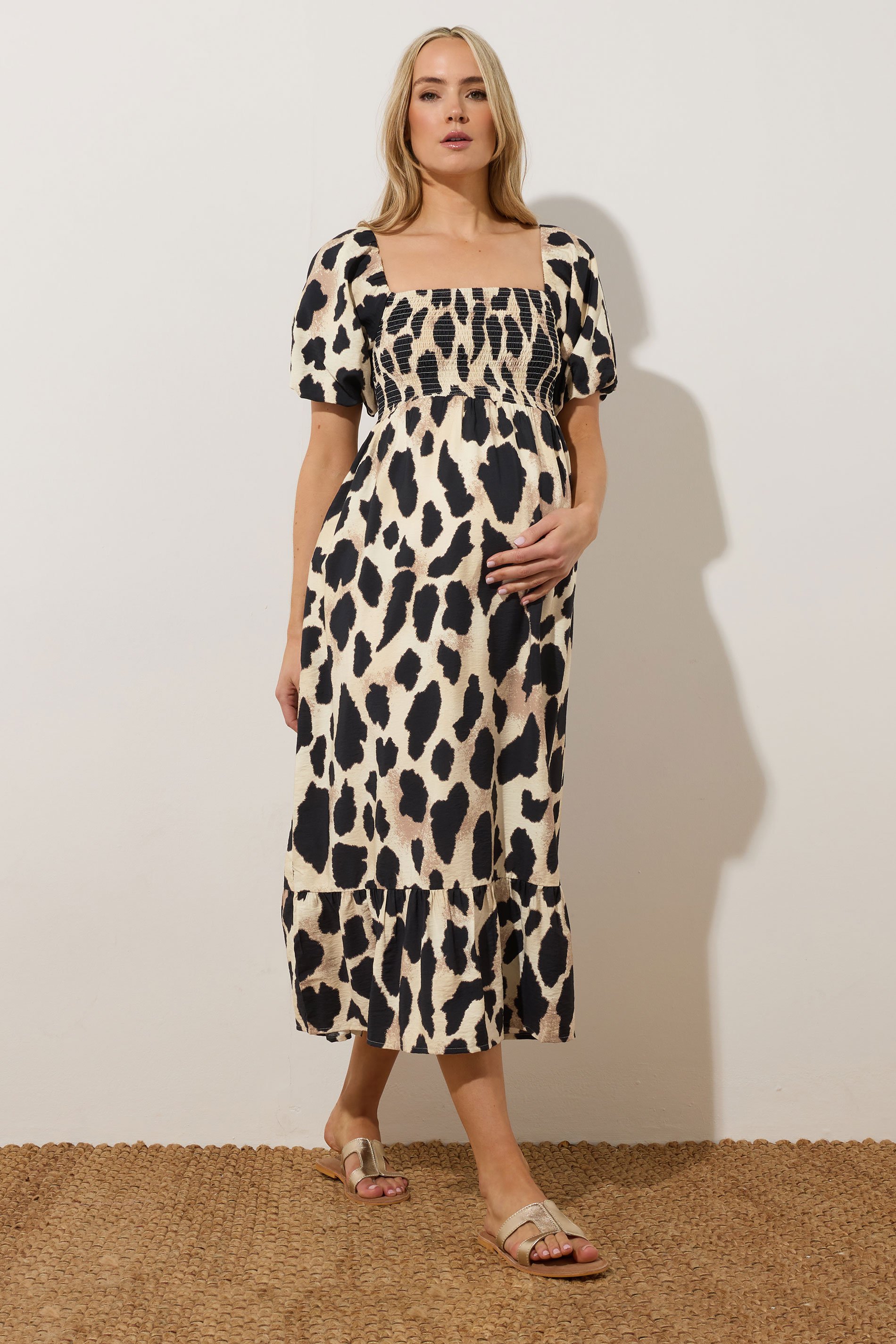 LTS Tall Maternity Premium Natural Brown Leopard Puff Sleeve Dress | Long Tall Sally 1