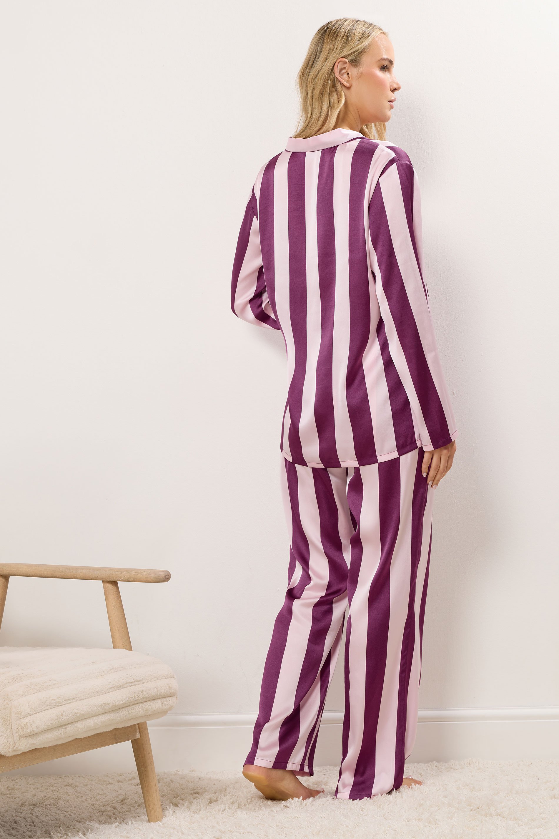 LTS Tall Burgundy Red Stripe Satin Pyjama Set | Long Tall Sally 3