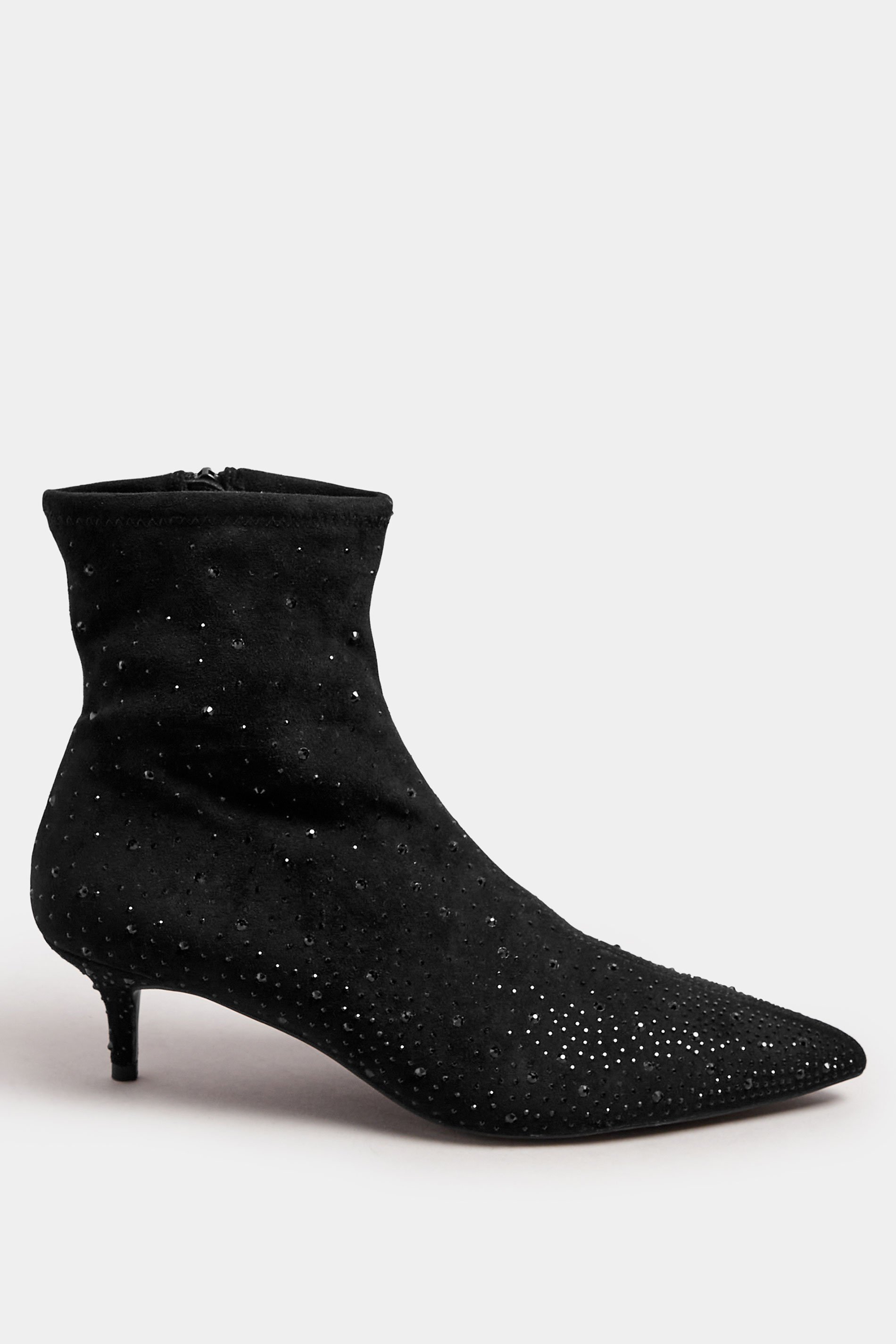 LTS Black Faux Suede Diamante Kitten Heeled Boots In Standard Fit | Long Tall Sally 3