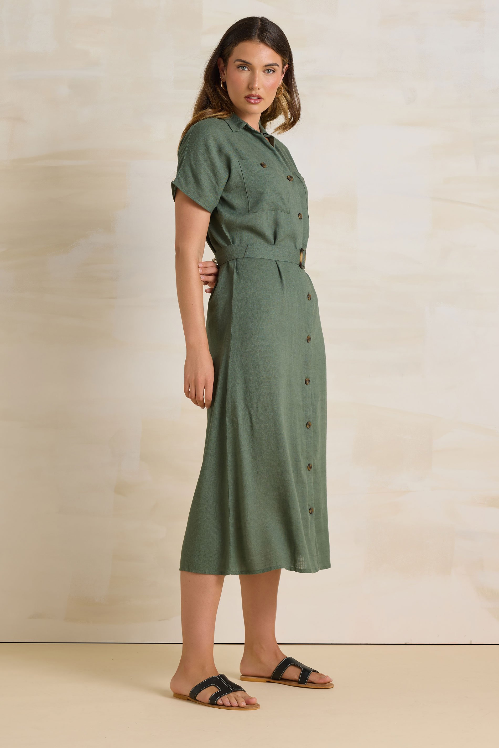 LTS Tall Khaki Green Linen Button Midi Dress | Long Tall Sally 3