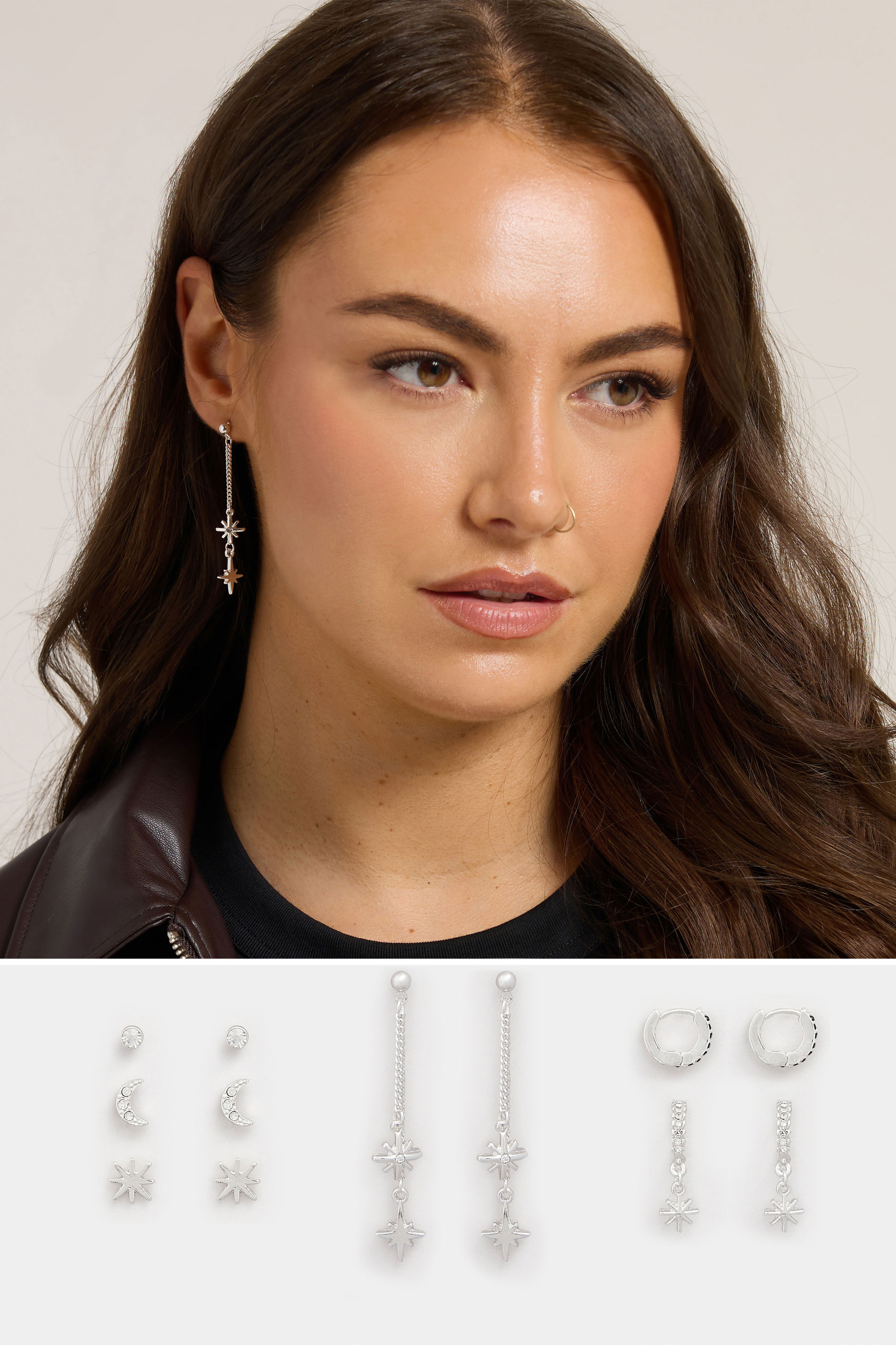6 PACK Silver Tone Mixed Star Earring Set | Yours Clothing 1