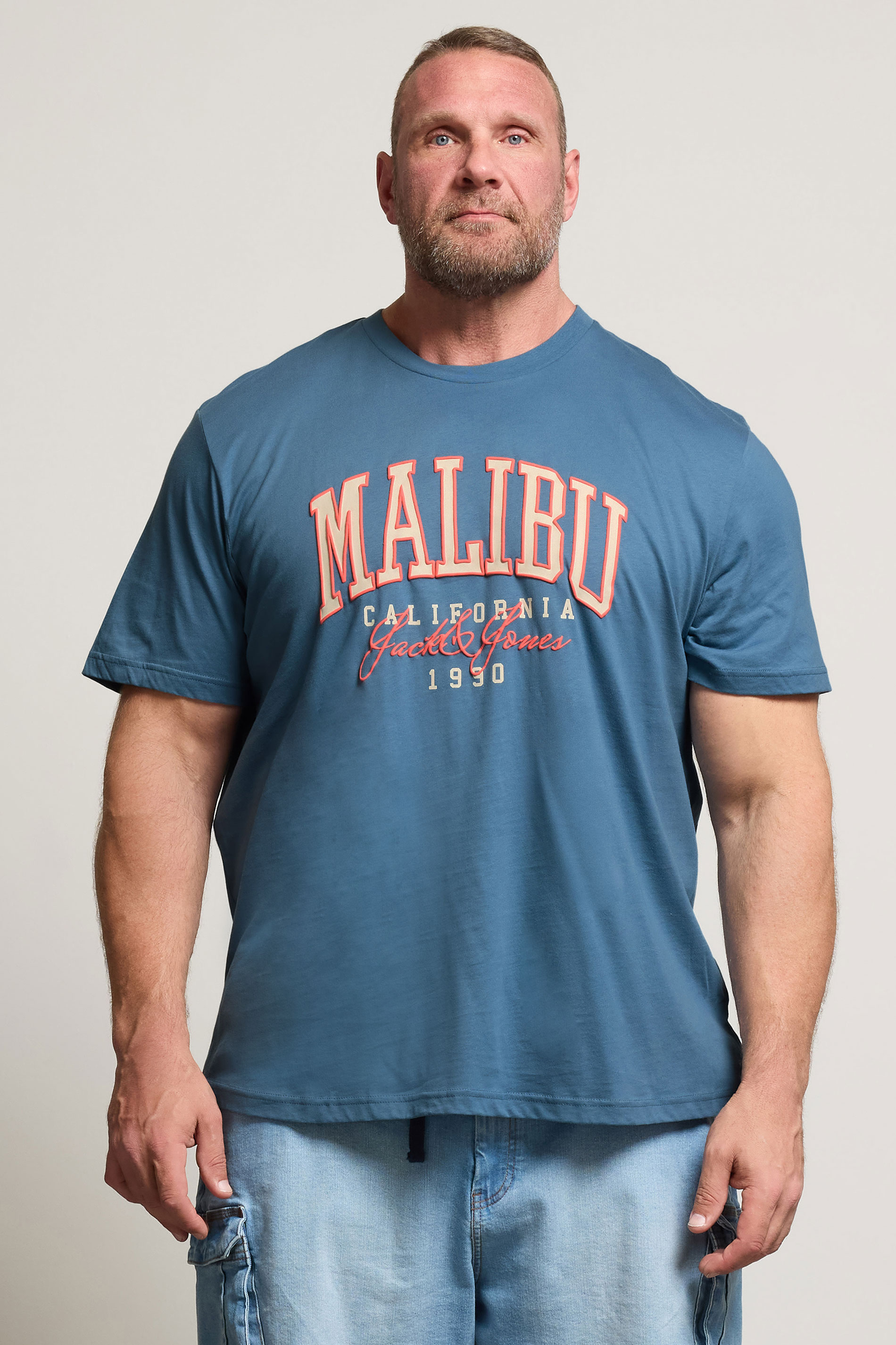 JACK & JONES Big & Tall Oceanview Blue 'Malibu' Slogan T-Shirt | BadRhino 1