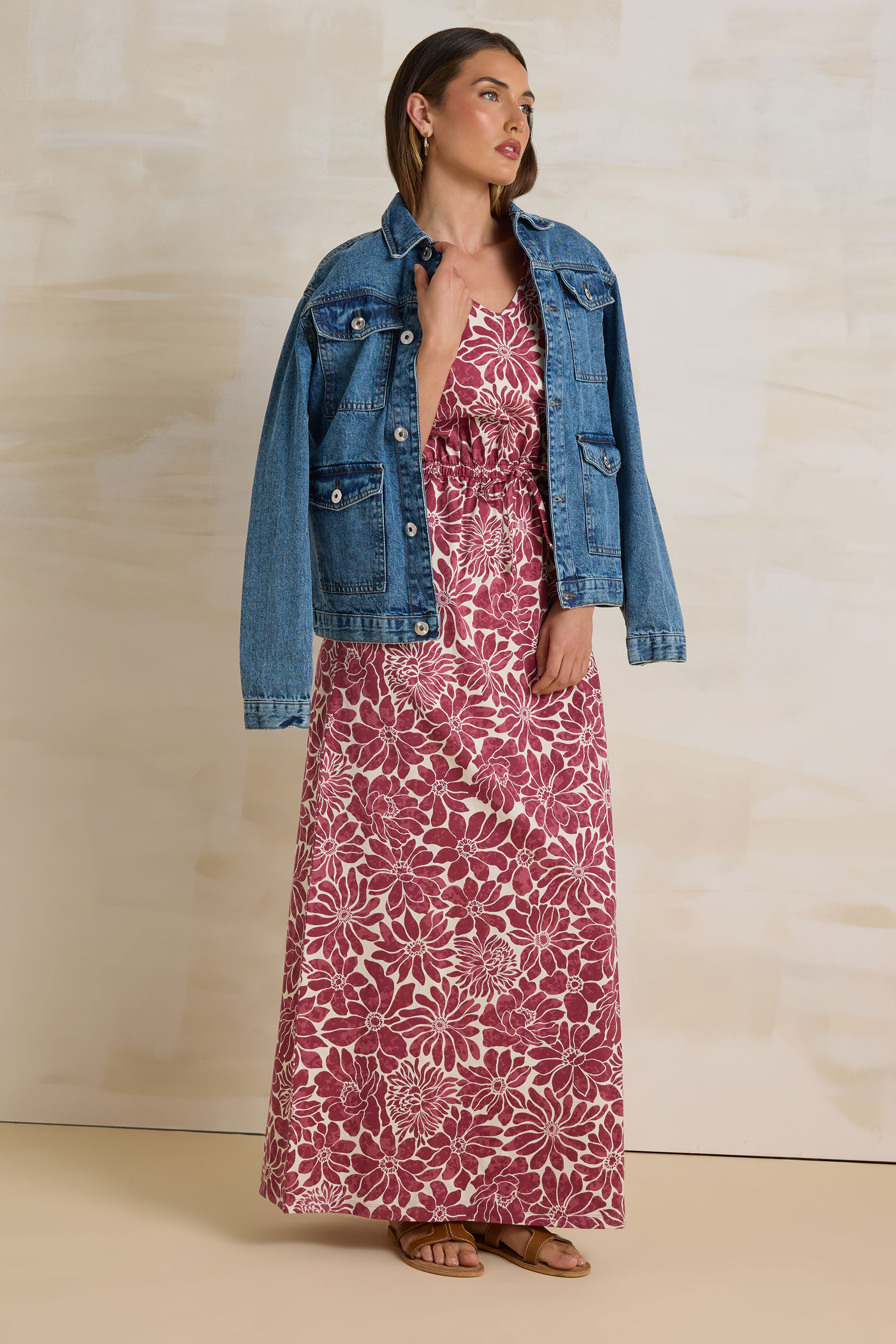 LTS Tall Red Cotton Floral Print Drawstring Maxi Dress | Long Tall Sally 3