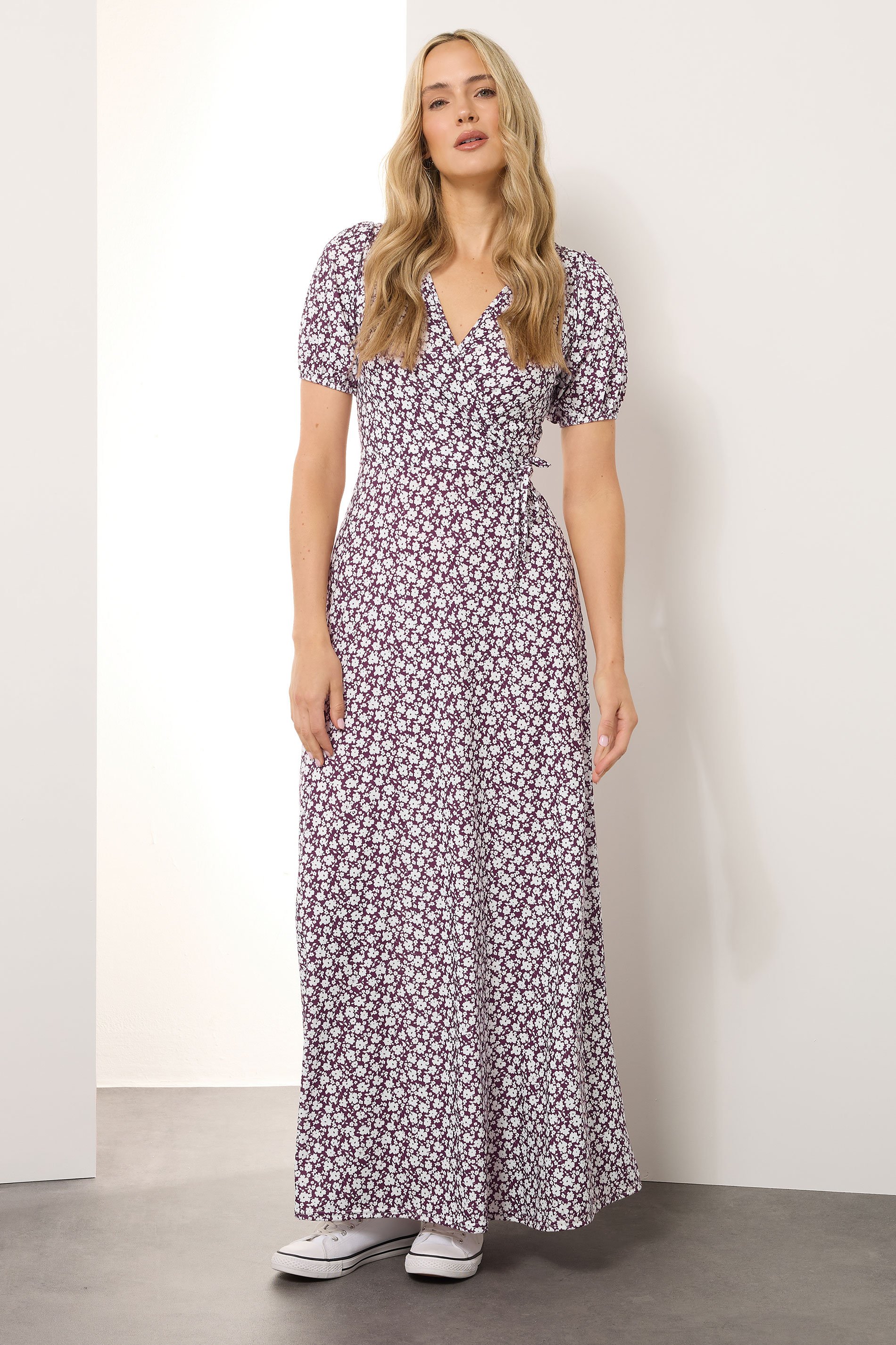 LTS Tall Berry Red Ditsy Floral Print Wrap Maxi Dress | Long Tall Sally 1