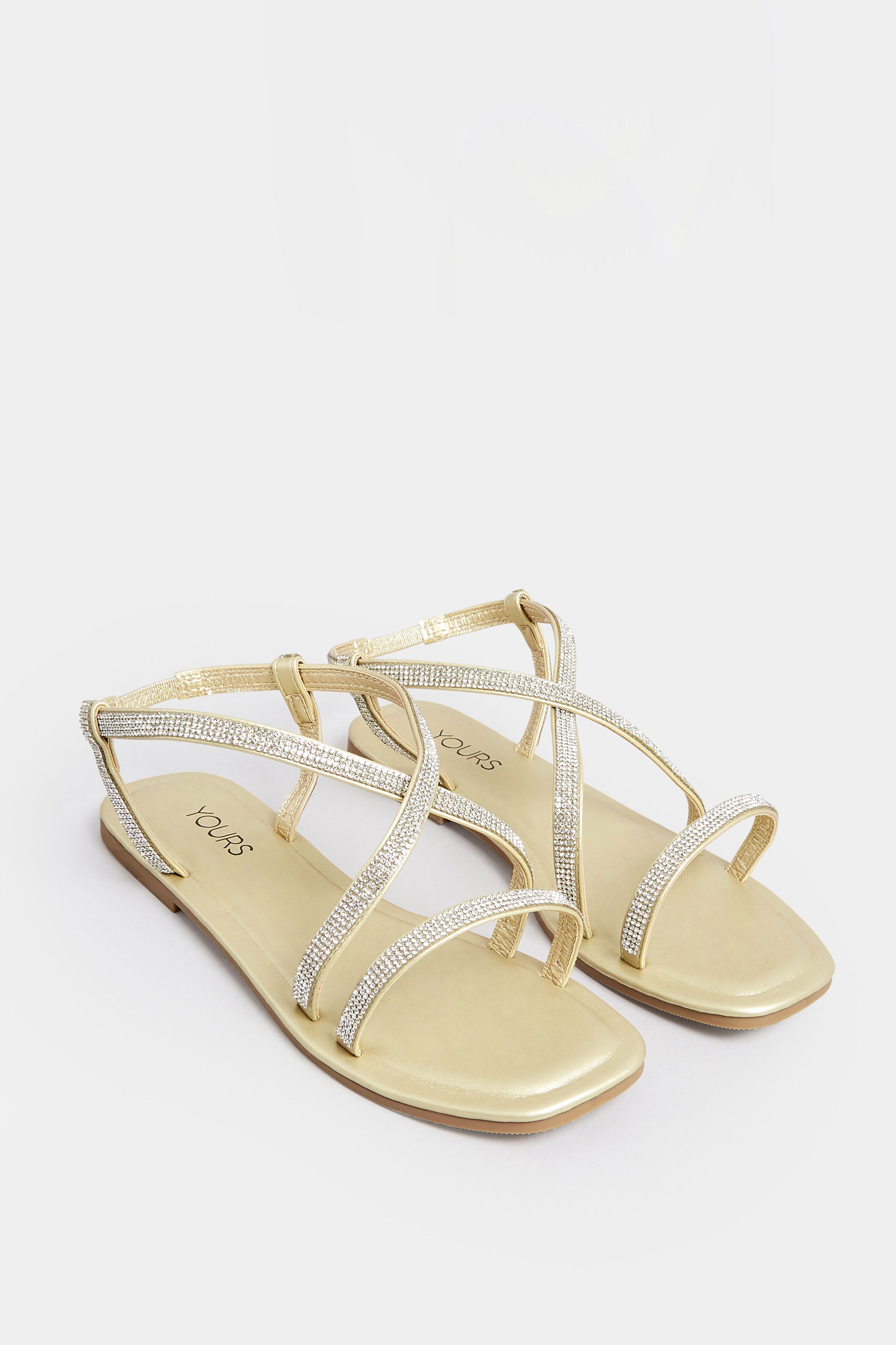 YOURS Curve Gold Diamante Strap Sandals In Wide E Fit & Extra Wide EEE Fit | Yours Clothing  2