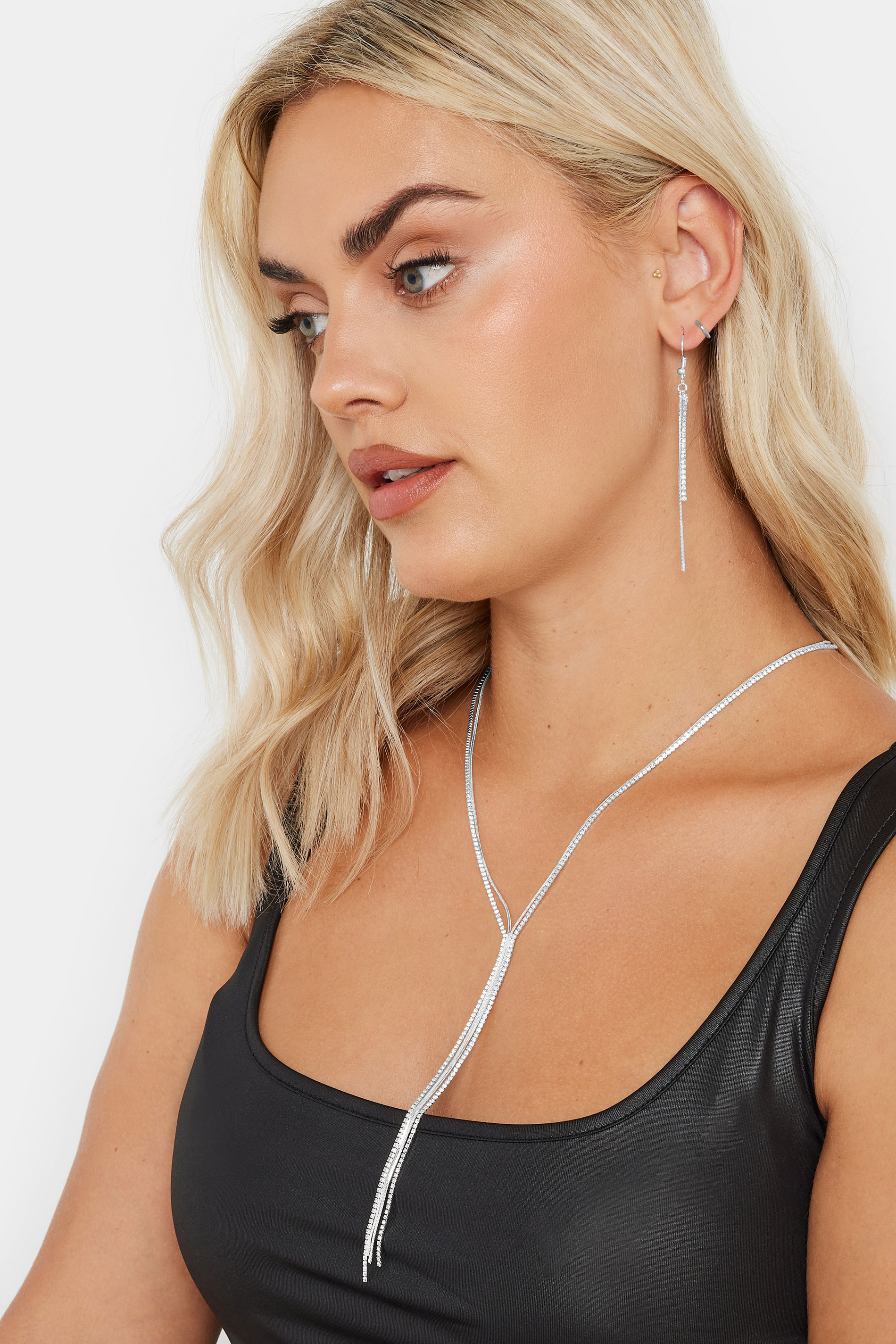 Silver Tone 2 PACK Long Diamante Necklace & Earring Set | Yours Clothing 1