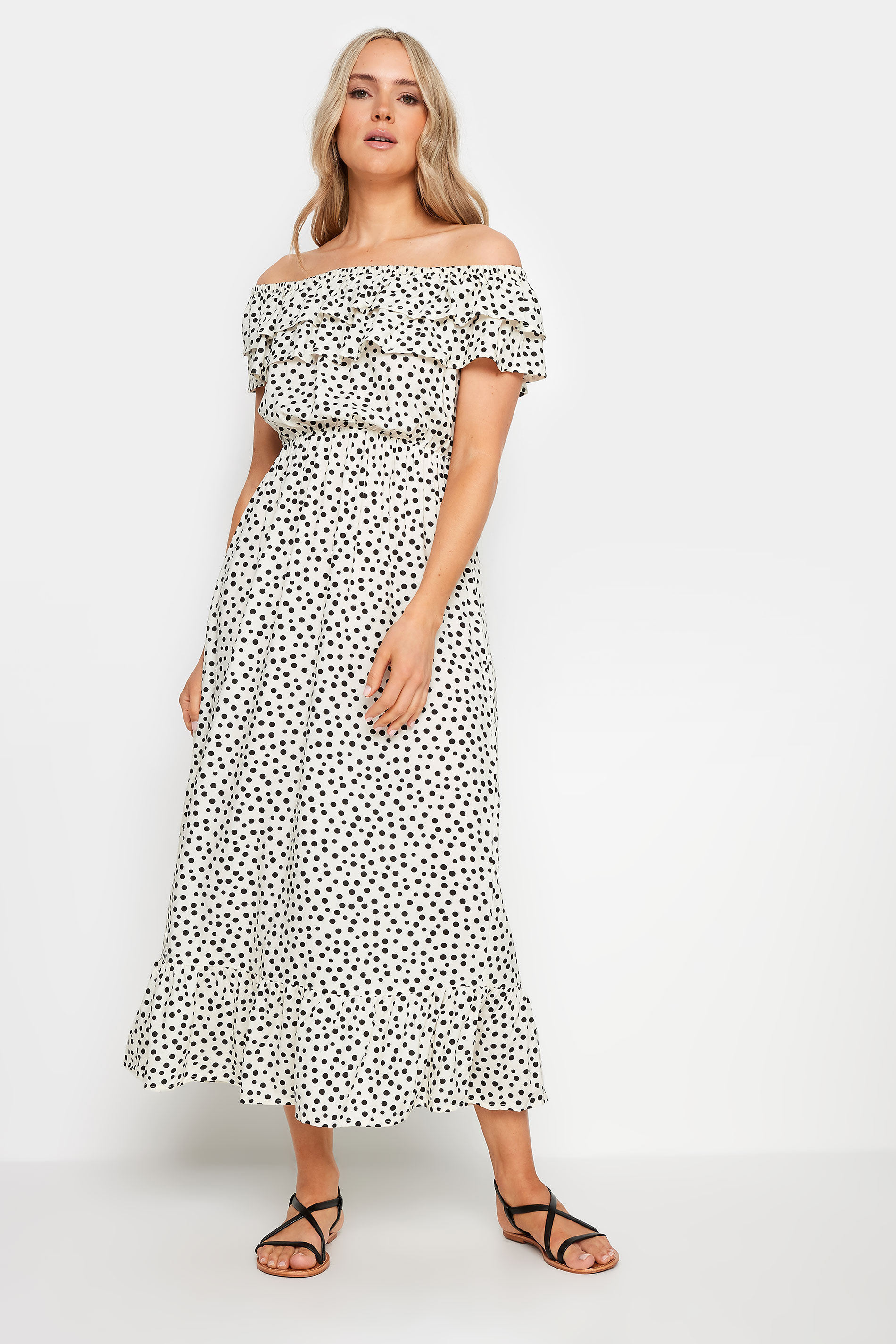 LTS Tall Women's White Polka Dot Bardot Frill Maxi Dress | Long Tall Sally 3