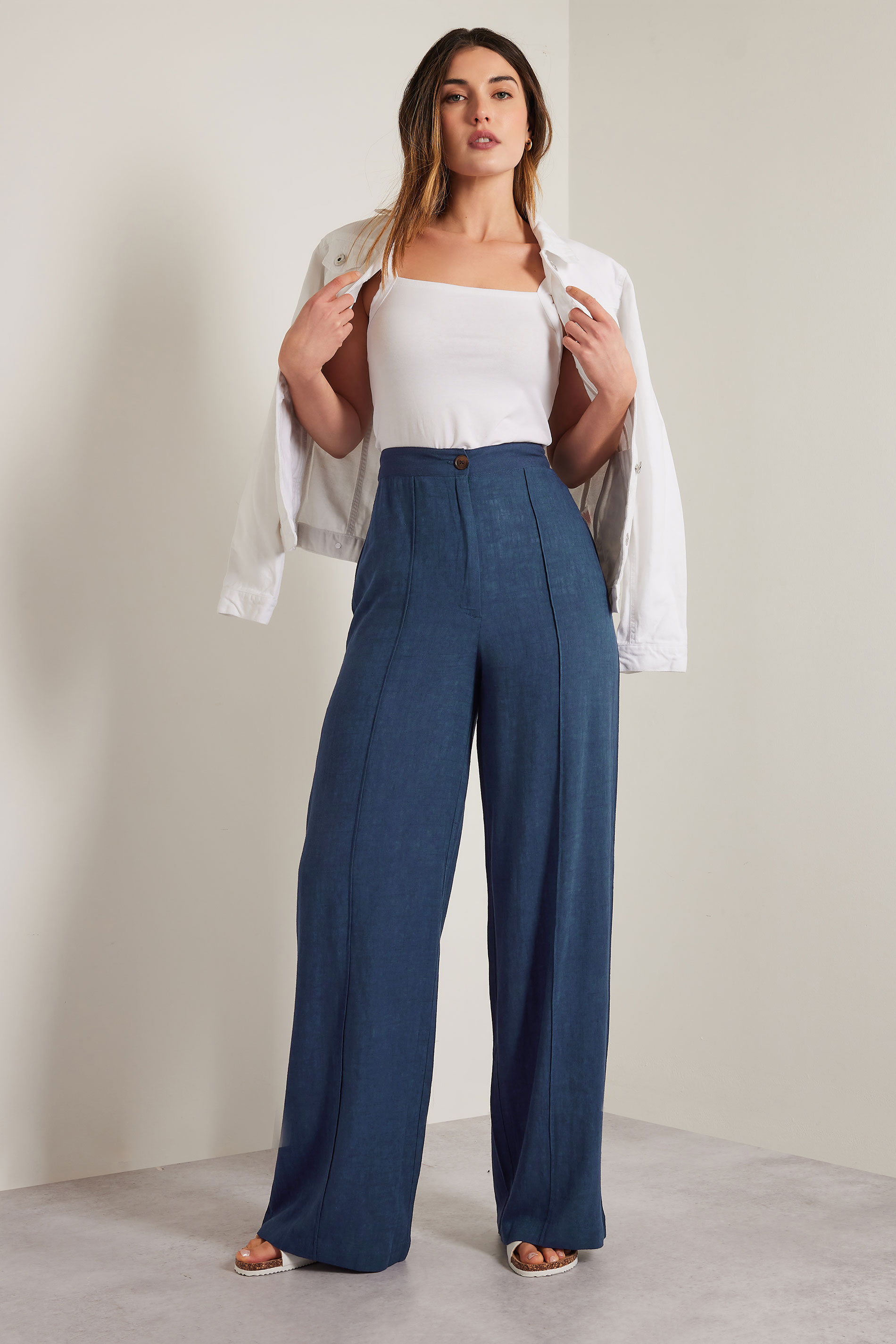 LTS Tall Navy Blue Linen Pleated Wide Leg Trousers | Long Tall Sally 5